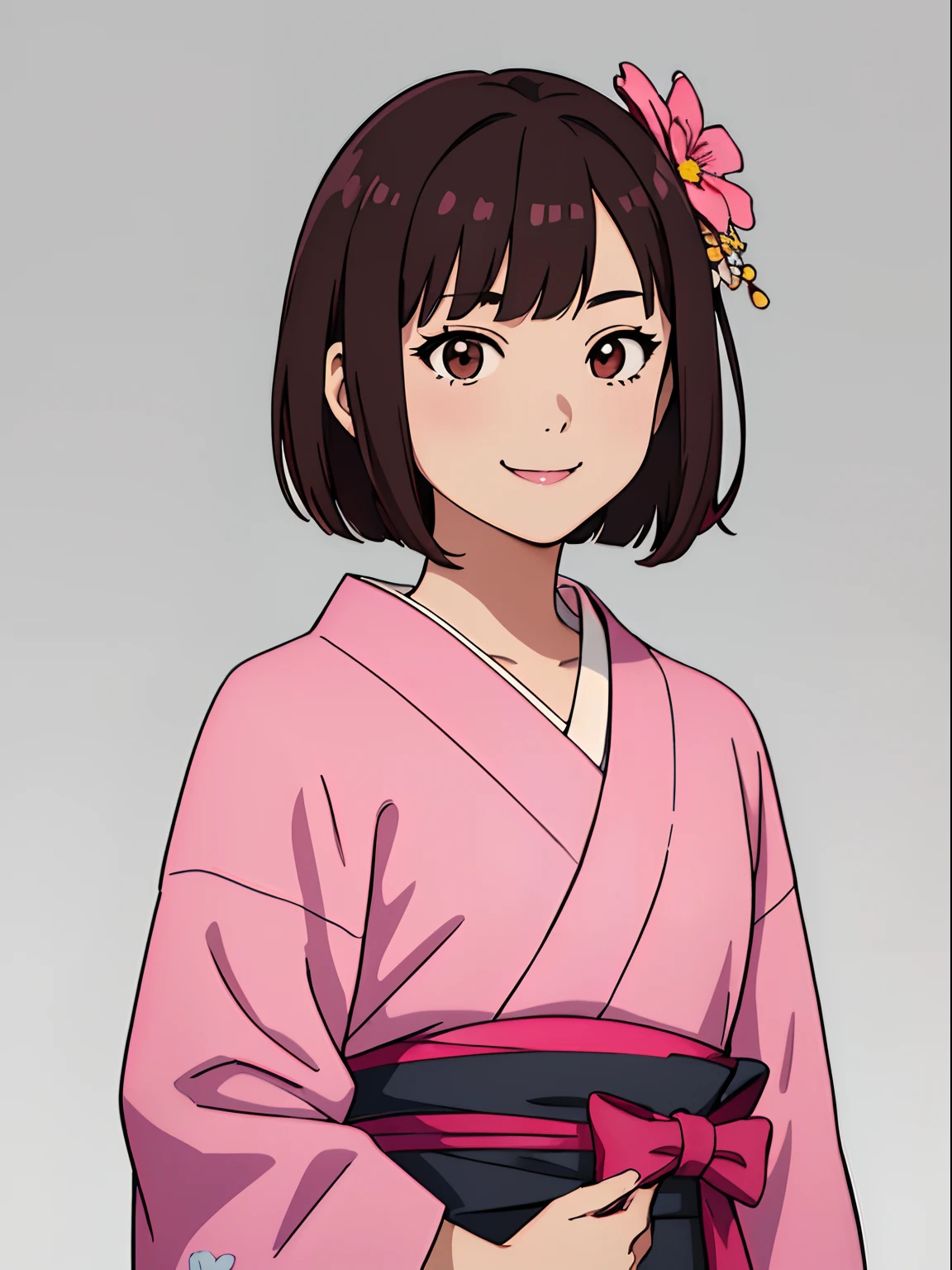 simple background、Gray background、1人の女性、(masterpiece、top-quality:1.2)、((facing front:1.2))、A smile、Aligned bangs、Bob Hair、dark brown hair、Floral hair ornament、The eye:Pink Brown、Young woman at 、((The upper part of the body:1.2))、Promotional Art、offcial art、Pink kimono、piece sign