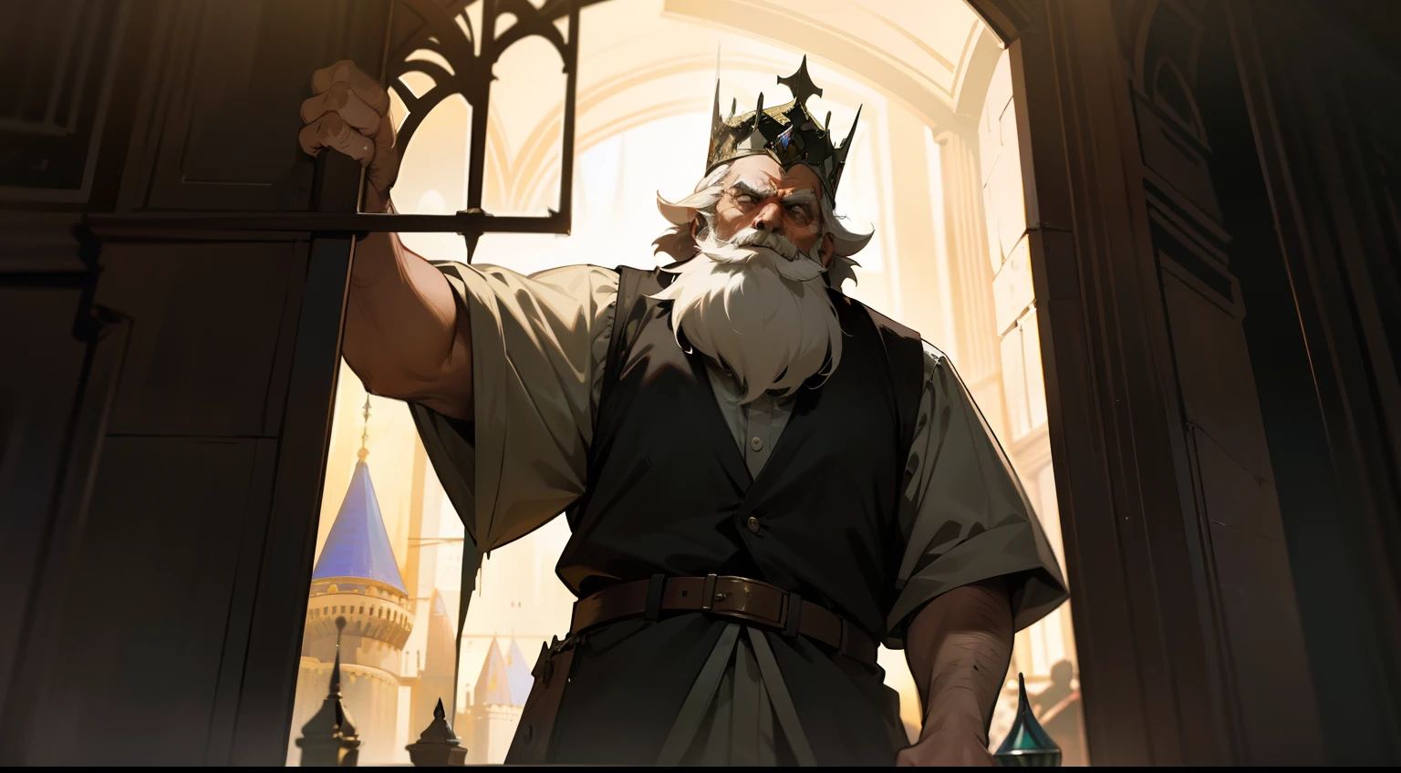 A bearded old man,With a crown,Slam the glass angrily,Inside the castle,Western fantasy,Fairytales,Works of masters,A high resolution