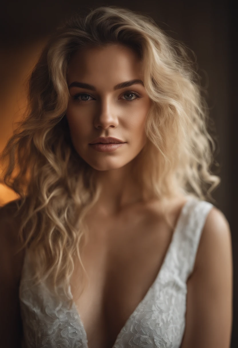 Beautiful woman wearing short white sheer denim shorts and a sheer black T-shirt, (sexy face: Florence Pugh: 0.2), (skin texture: 1.1), (skin pores: 1.2), (highly detailed face), (very long curly blonde hair ), Masterpiece, Best Quality, Ultra Detail, Analog Style, Shaded, Contrast, Raw, by Ellen von Unwerth, Nikon D850, Backlight, Edge Lighting (Warm Hue, Warm Color: 1.2) in the bedroom