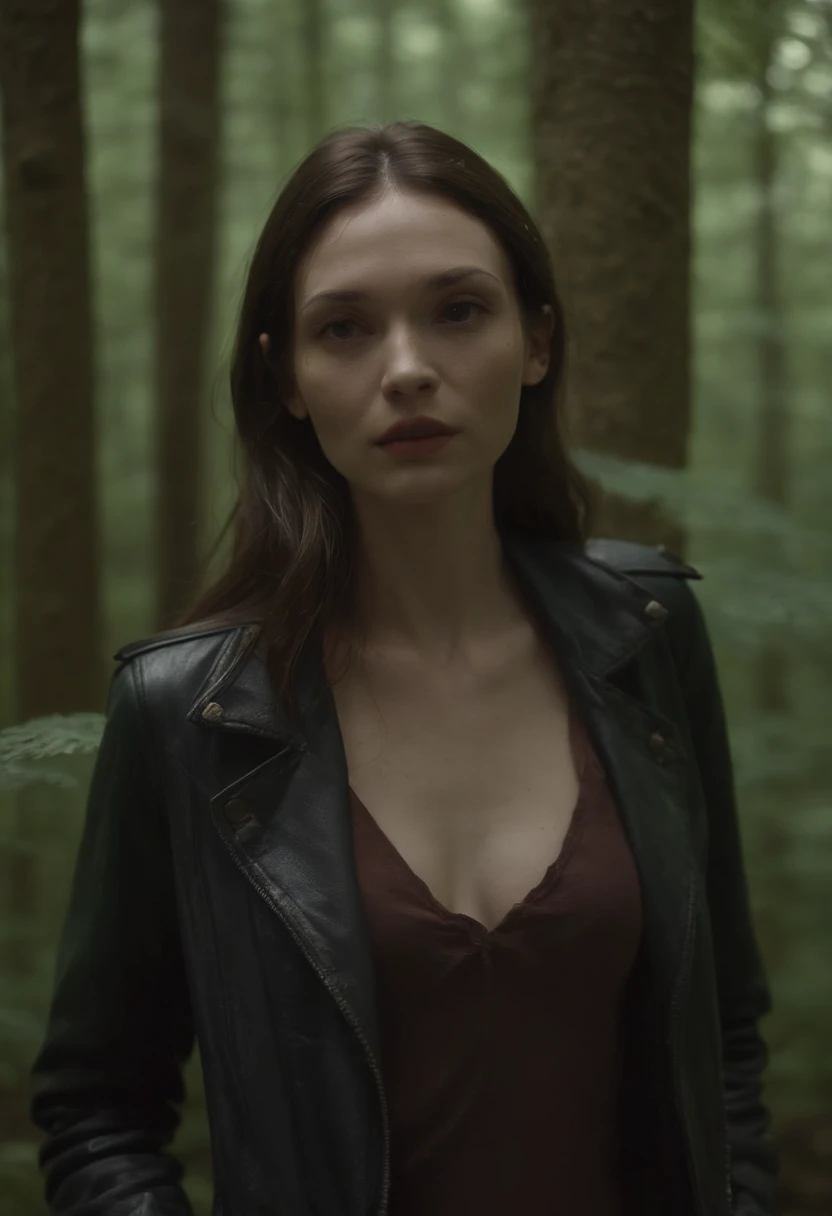 (A night in a dark forest:1.5). une femme, (Tormented by lust:1.3), (knee-deep in a swamp). Wet jeans, veste en cuir, (emaciated face:1.4), (dehydrated face:1.5), (paria, lust:1.6), Cheveux noir, vu de profil, portrait, distance moyenne, ambiance sombre, brume, humide