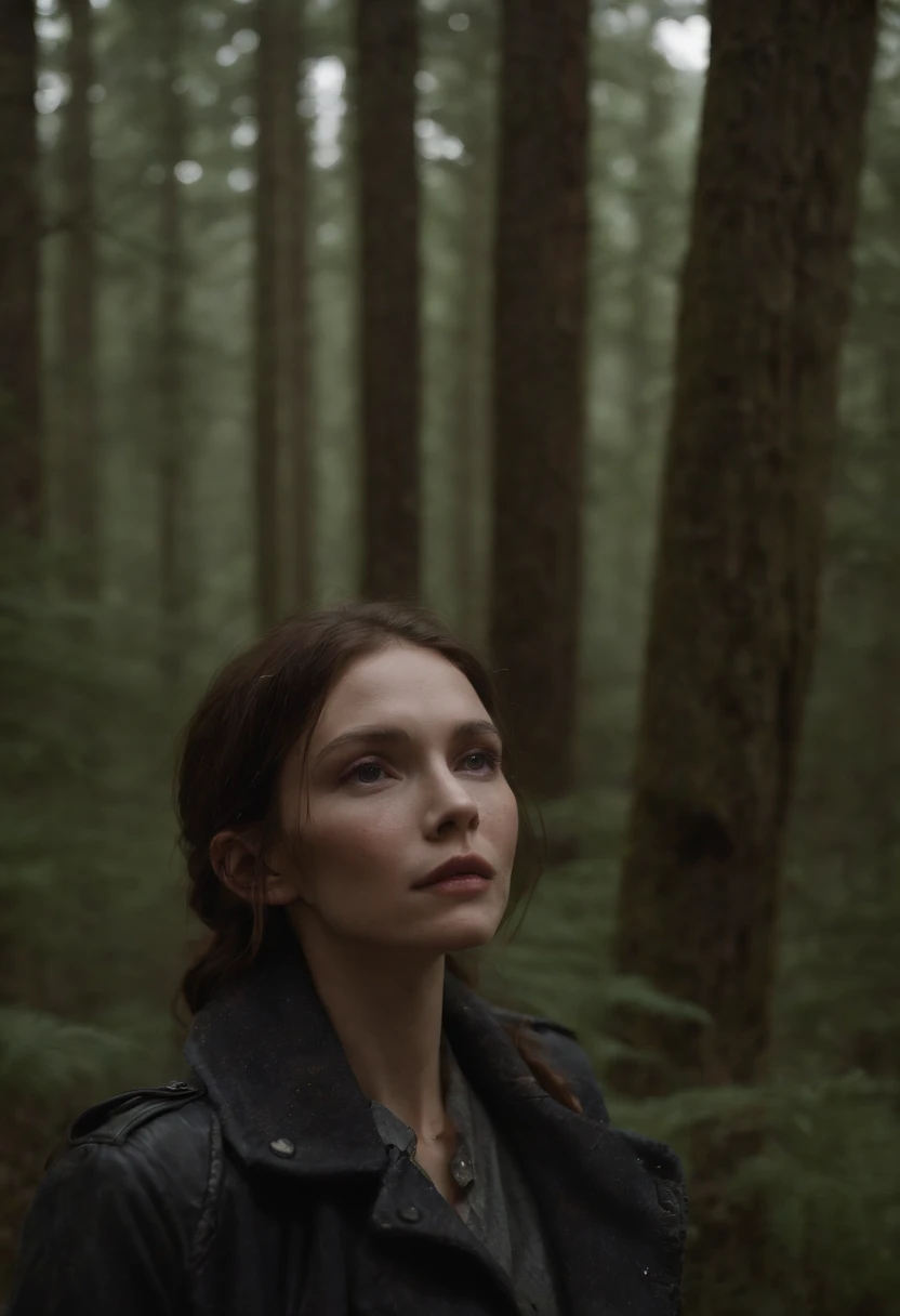 (A night in a dark forest:1.5). une femme, (Tormented by lust:1.3), (knee-deep in a swamp). Wet jeans, veste en cuir, (emaciated face:1.4), (dehydrated face:1.5), (paria, lust:1.6), Cheveux noir, vu de profil, portrait, distance moyenne, ambiance sombre, brume, humide