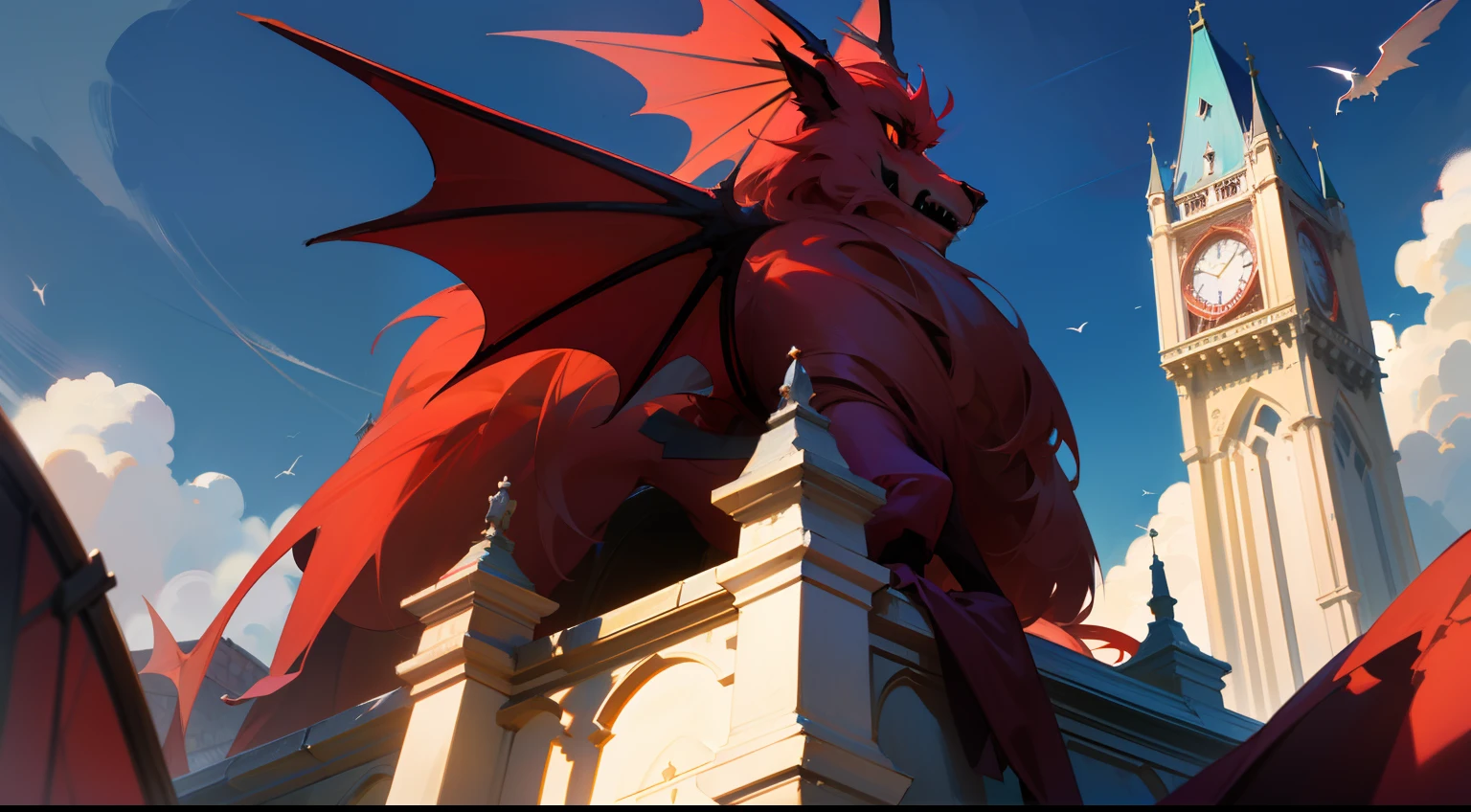 A red wyvern,adolable,Put your head into the castle window,Stop on the roof of the bell tower,Western fantasy,Fairytales,Works of masters,A high resolution