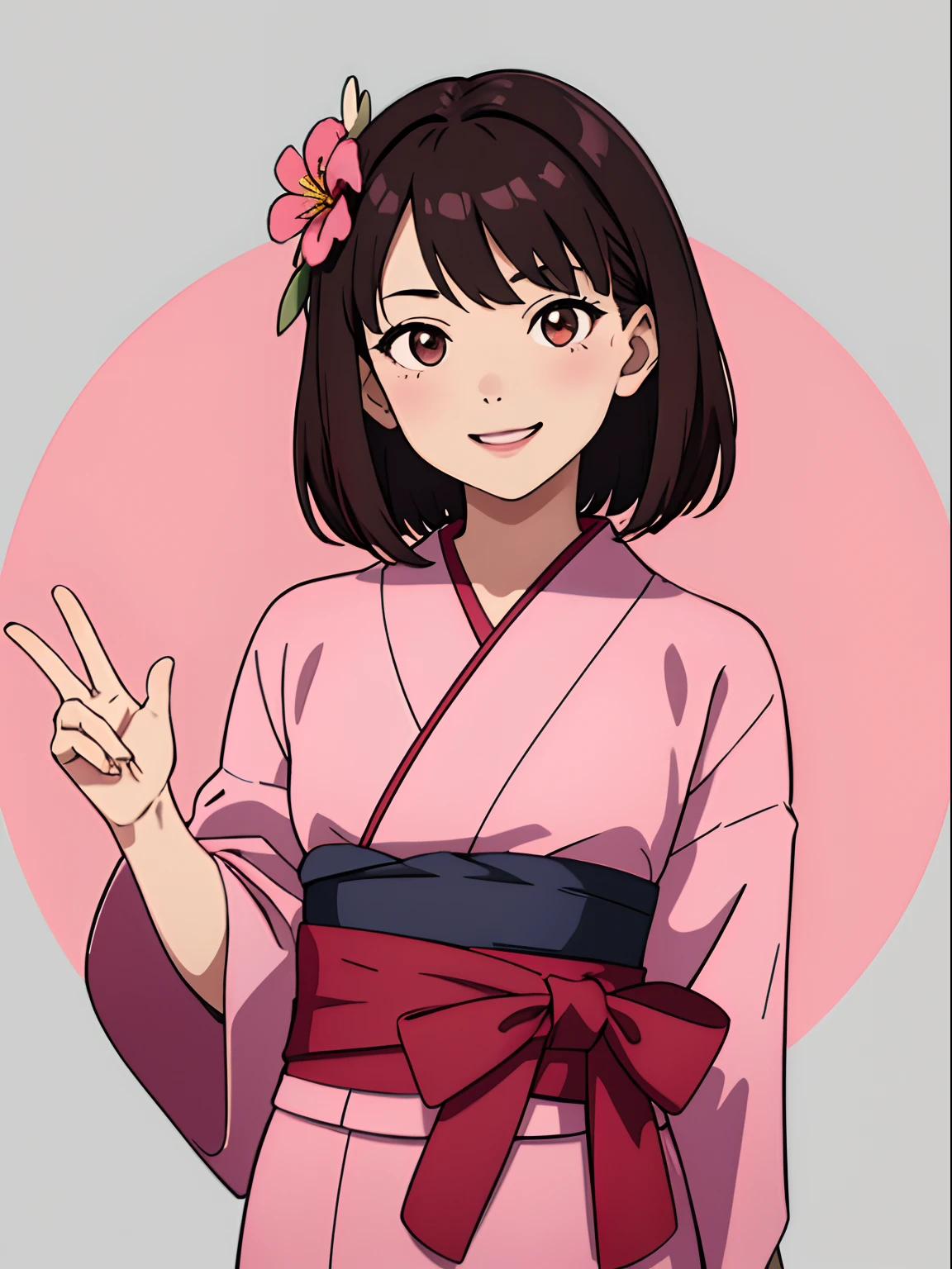 simple background、Gray background、1人の女性、(​masterpiece、top-quality:1.2)、((facing front:1.2))、A smile、Aligned bangs、Bob Hair、dark brown hair、Floral hair ornament、The eye:Pink Brown、Young woman at 、((The upper part of the body:1.2))、Promotional Art、offcial art、Pink kimono、Hand sign of the piece