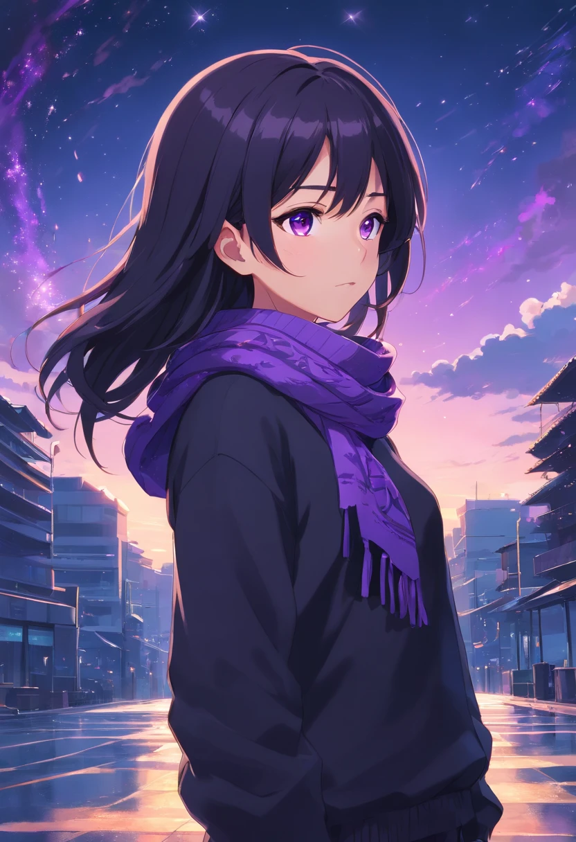 15 years old, 1 girl, black long hair, purple eyes, purple scarf, black sweater, black pants, magestic, purple particles, minimalist, cute girl, blush, standing, distracted face, breathtaking beauty of a nature background, ((no frowning)), beautiful hair,