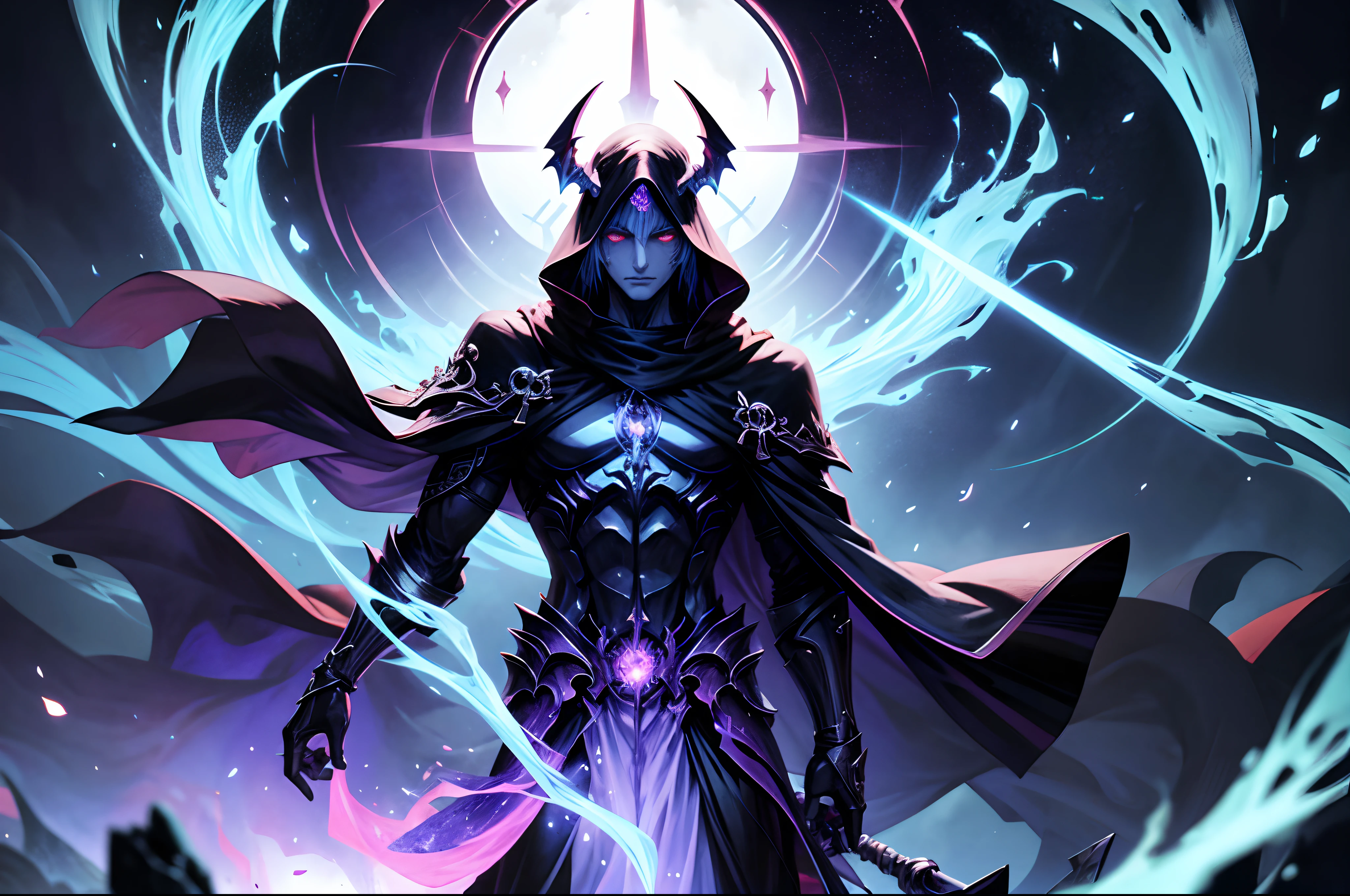 Thanatos ,The god of death walks through,(male), (with blue ghost fire around), red eyes, wearing black cloak, in the dark, death area, glassy eyes, purple fire ,dark element, anime, high detail, chiaroscuro, depth of field, cinematic lighting, sparkle, blurry, ray tracing, vignetting, (close-up), polar opposites, masterpiece, best quality, high quality, high details, textured skin, anatomically correct, accurate, UHD, 1080P