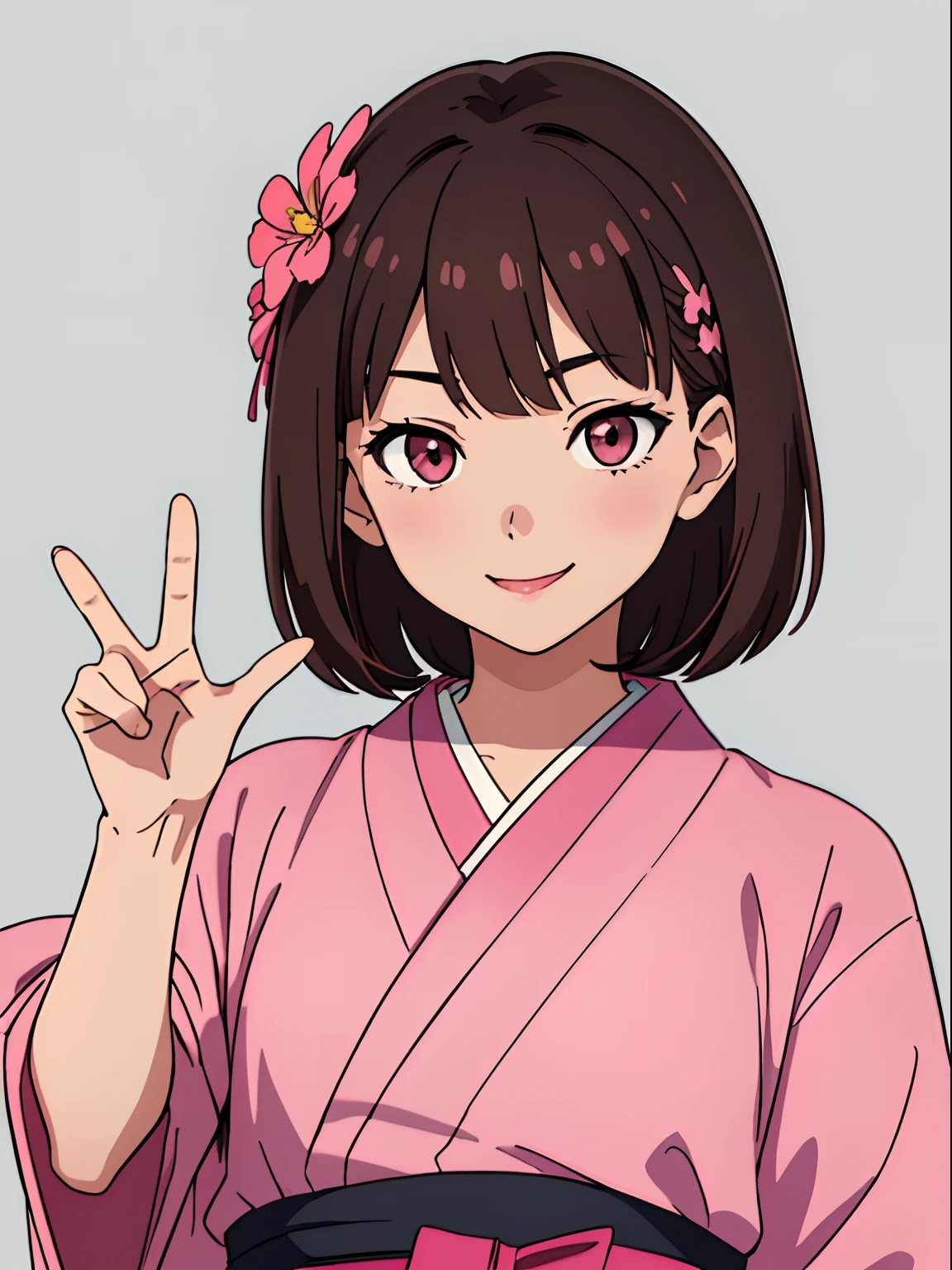 simple background、Gray background、1人の女性、(​masterpiece、top-quality:1.2)、((facing front:1.2))、A smile、Aligned bangs、Bob Hair、dark brown hair、Floral hair ornament、The eye:Pink Brown、Young woman at ************、((The upper part of the body:1.2))、Promotional Art、offcial art、Pink kimono、Pointing Pose