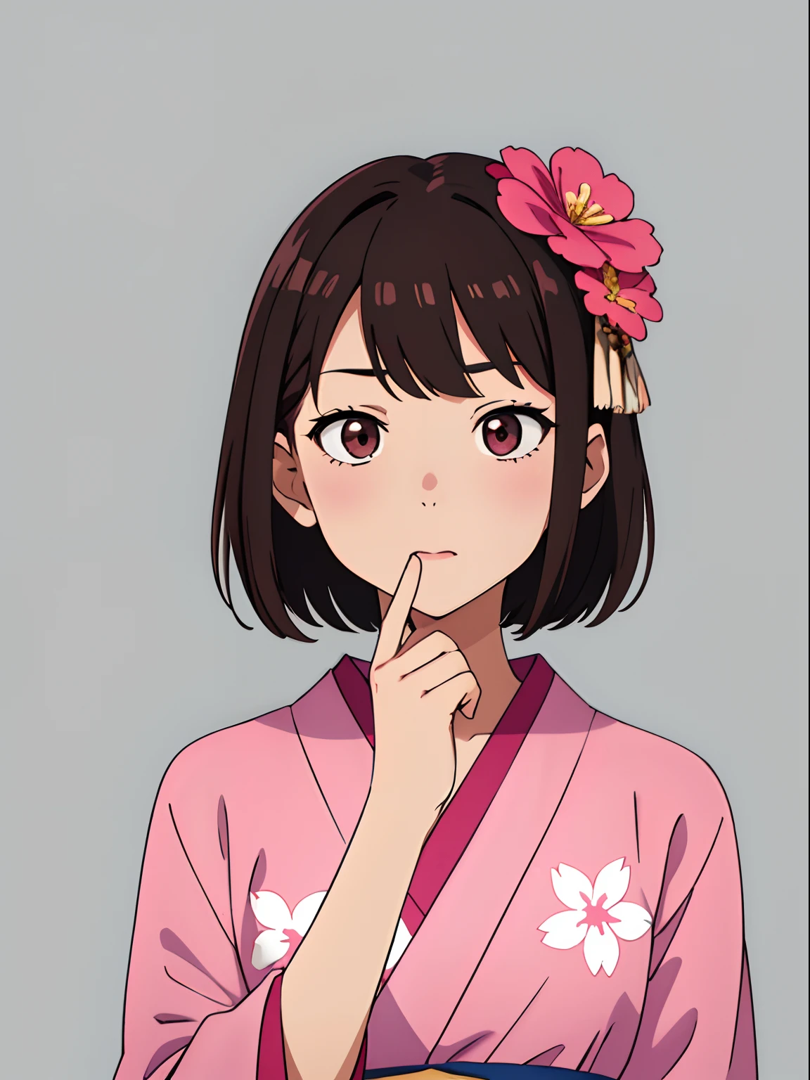 simple background、Gray background、1人の女性、(​masterpiece、top-quality:1.2)、((facing front:1.2))、Surprised expression、I'm surprised、Kuku puts his hand to his mouth、Aligned bangs、Bob Hair、dark brown hair、Floral hair ornament、The eye:Pink Brown、Young woman at ************、((The upper part of the body:1.2))、Promotional Art、offcial art、Pink kimono