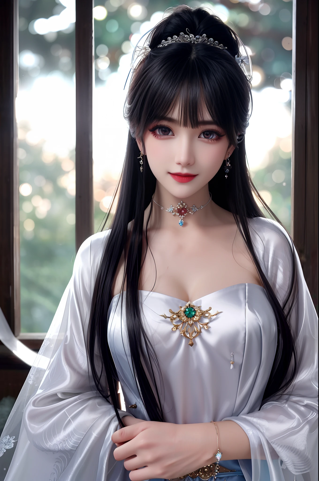 best qualityer，8K， tmasterpiece， A high resolution， 1girll， Clear silk porcelain dress， Fur coat， hair adornments， ssmile， Keep one's mouth shut， cparted lips，Large breasts，Shoulder， shift dresses， hair adornments， choker necklace， jewely， Chinese outfit， long whitr hair， 耳Nipple Ring， Detailed beautiful eyes， detailed eyelashes， beautiful  face，after sexing_Body， Tyndall effect，realisticlying， edge lit， twotonelighting，（highdetailskin：1.2）， 8K, Ultra HD， digital SLR camera， gentle illumination， high high quality， Volumetriclighting， Frankness， photore， A high resolution， Bokeh， at a forest， Falling snow， Winters， in the afternoon