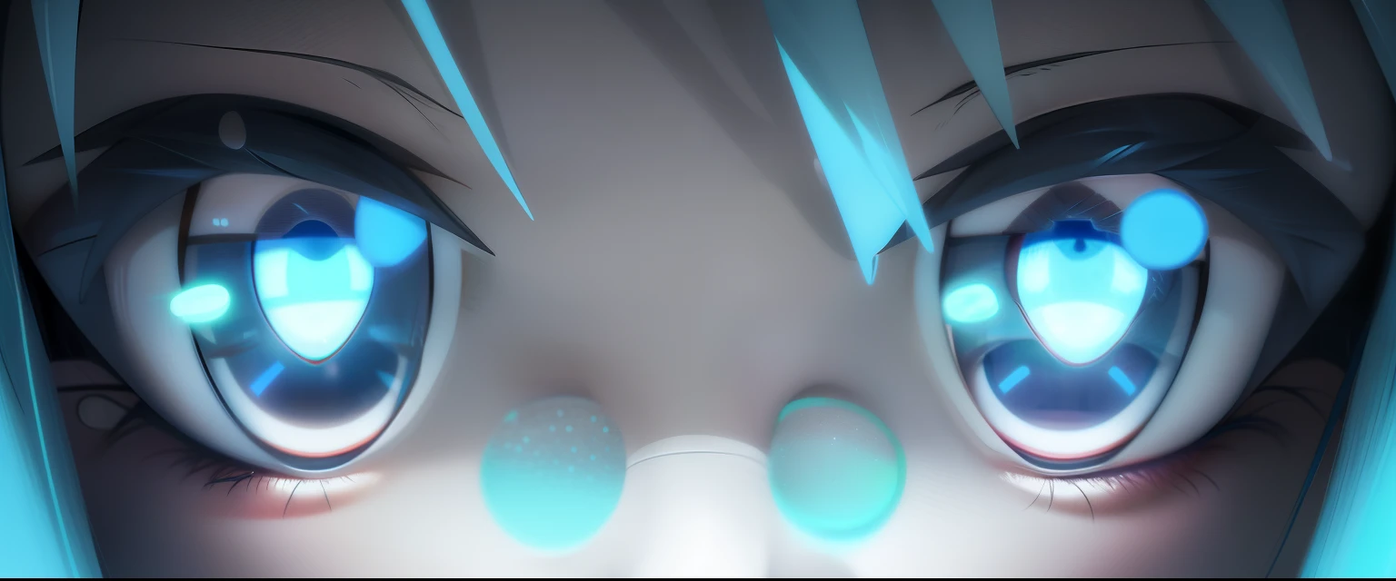 anime girl with glowing eyes and a bandage on her nose, anime styled 3d, blue android eyes, glitch eyes, sad cerulean eyes, android eyes, eyes in the style of nendoroid, blue cyborg eyes, stylized anime, blue shining eyes, rendered in sfm, blue reflective eyes, anime style. 8k, blue face unreal engine