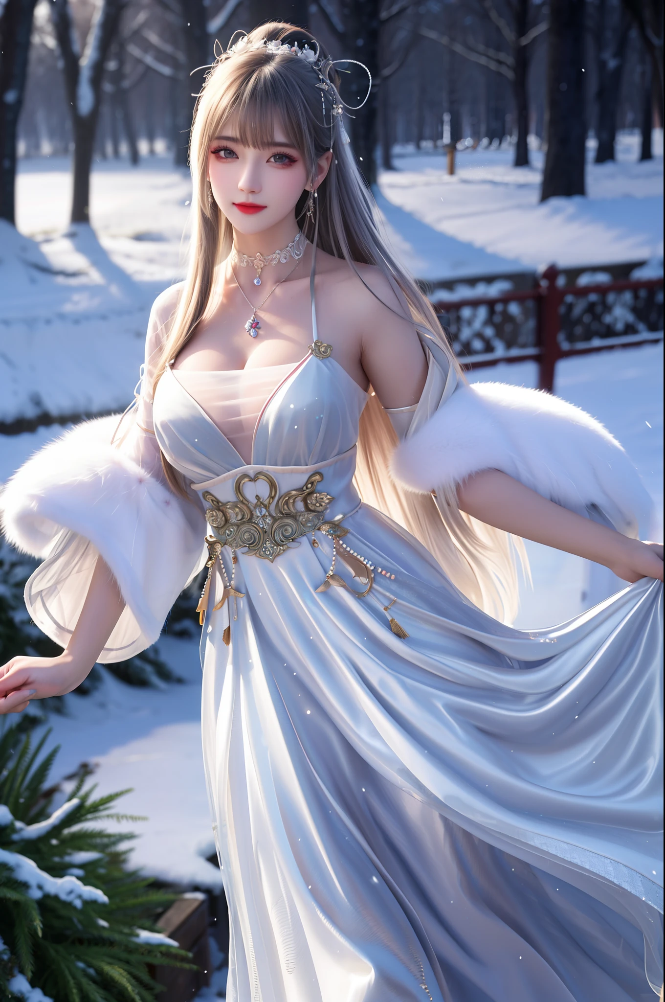 best qualityer，8K， tmasterpiece， A high resolution， 1girll， Clear silk porcelain dress， Fur coat， hair adornments， ssmile， Keep one's mouth shut， cparted lips，Large breasts，Shoulder， shift dresses， hair adornments， choker necklace， jewely， Chinese outfit， long whitr hair， 耳Nipple Ring， Detailed beautiful eyes， detailed eyelashes， beautiful  face，after sexing_Body， Tyndall effect，realisticlying， edge lit， twotonelighting，（highdetailskin：1.2）， 8K, Ultra HD， digital SLR camera， gentle illumination， high high quality， Volumetriclighting， Frankness， photore， A high resolution， Bokeh， at a forest， Falling snow， Winters， in the afternoon