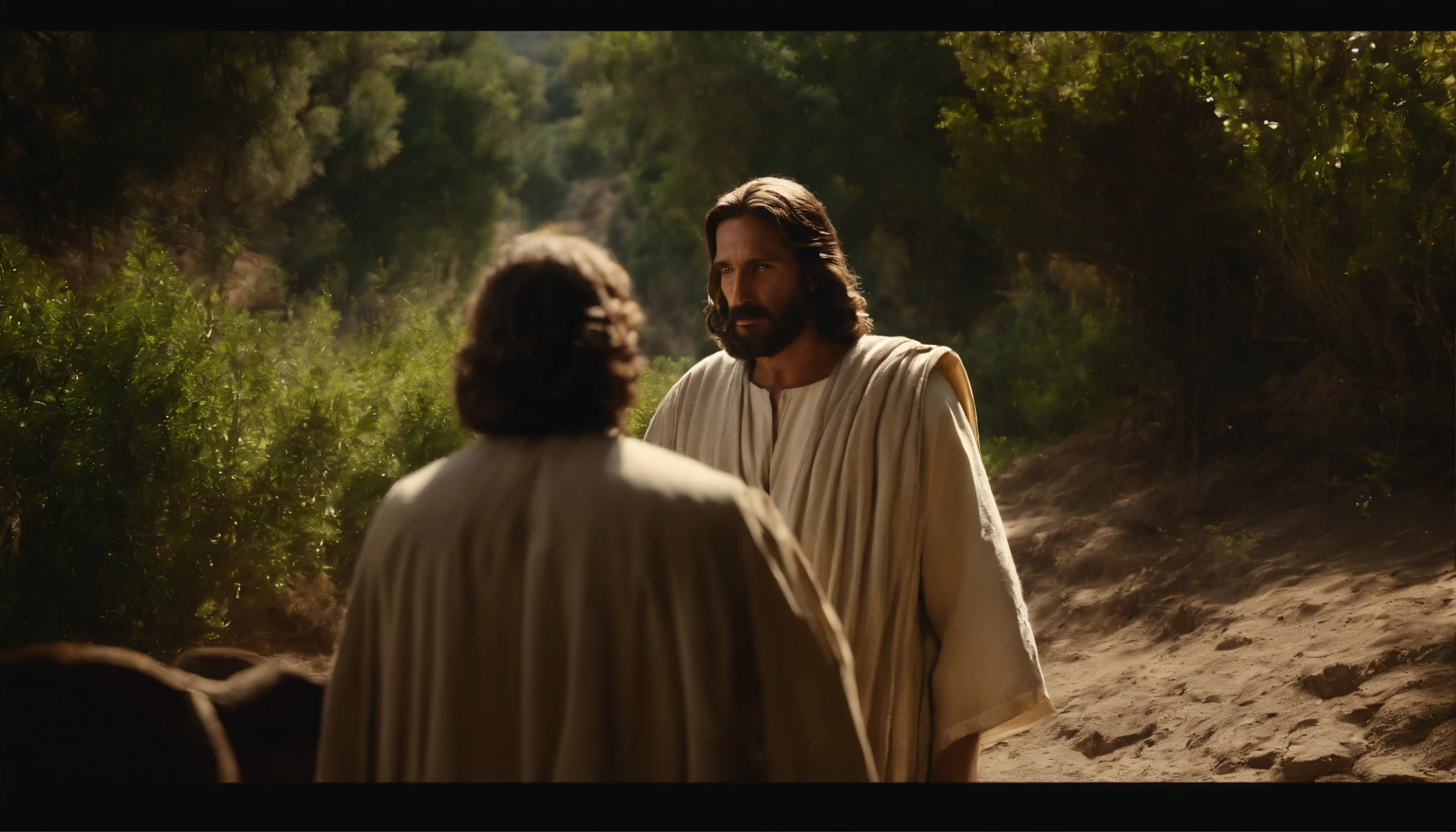 Jesus Christ talking to an employee on the way to Capernaum. Jesus esta em uma estrada de terra. the landscape is of ravines, tempo de Jesus. there are disciples with them. o empregado se encontra com Jesus.