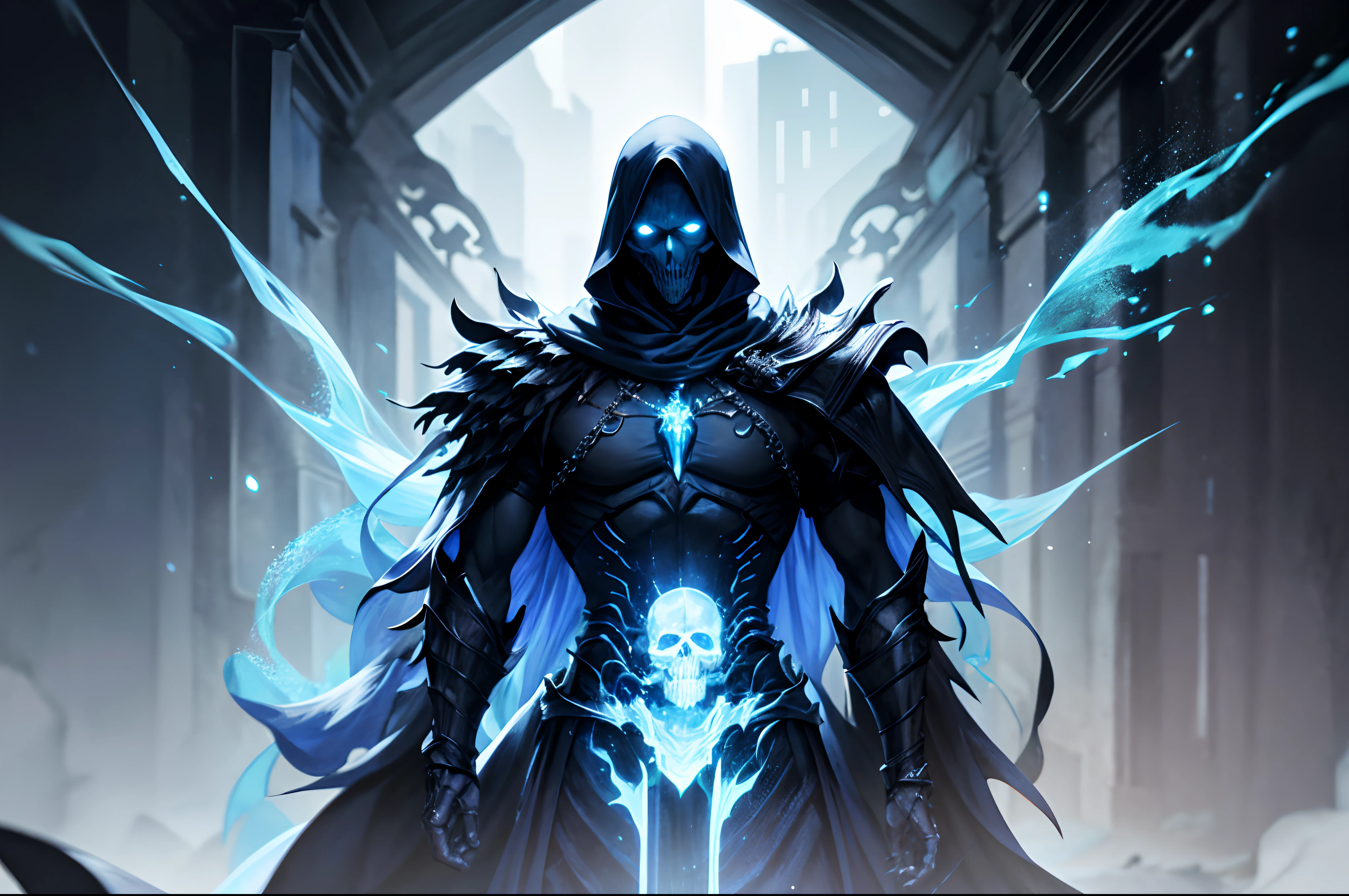 a male skeleton walks through, (with blue ghost fire around), wearing black cloak, in the dark, death area, glassy eyes, ice element ,dark element, anime, high detail, chiaroscuro, depth of field, cinematic lighting, sparkle, blurry, ray tracing, vignetting, (panorama), polar opposites, masterpiece, best quality, high quality, high details, textured skin, anatomically correct, accurate, UHD, 1080P