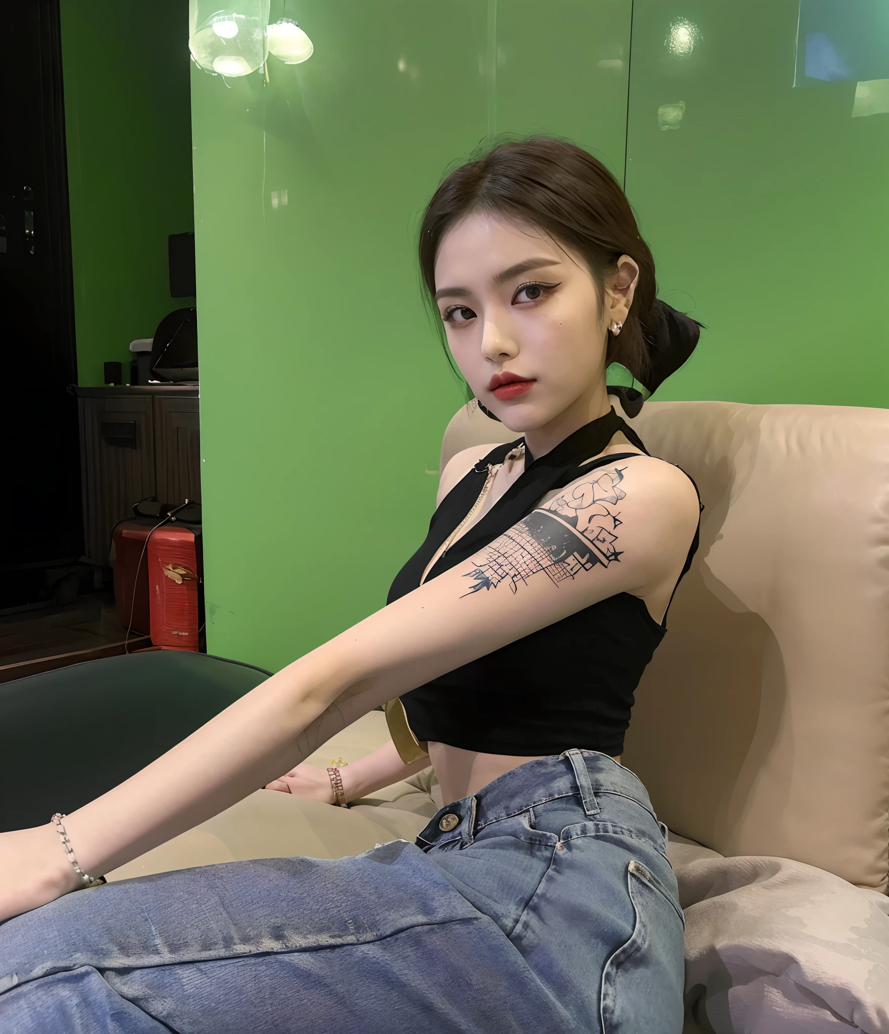 The Arad woman sat on the sofa,with tattoo on the arm, of taiwanese girl with tattoos, 2 4 year old female model, gorgeous chinese models, Korean girl, xision wu, she is wearing a black tank top, trending at cgstation, wearing a cropped black tank top, Cai Xukun, signed, Chinese girl, wearing a black cropped tank top