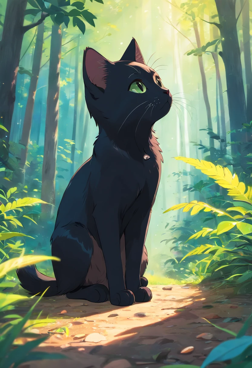 A black kitten, Lick your paws sitting in the forest with super clarity and super resolution
