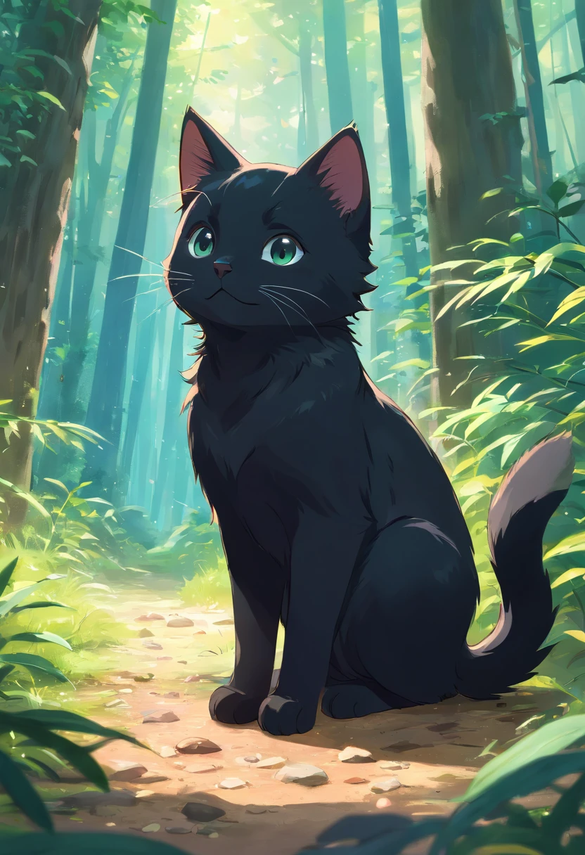 A black kitten, Lick your paws sitting in the forest with super clarity and super resolution
