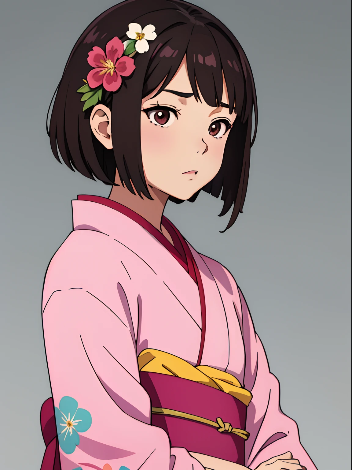 simple background、Gray background、1人の女性、(​masterpiece、top-quality:1.2)、((facing front:1.2))、Surprised expression、I'm surprised、Kuku puts his hand to his mouth、Aligned bangs、Bob Hair、dark brown hair、Floral hair ornament、The eye:Pink Brown、Young woman at 、((The upper part of the body:1.2))、Promotional Art、offcial art、Pink kimono