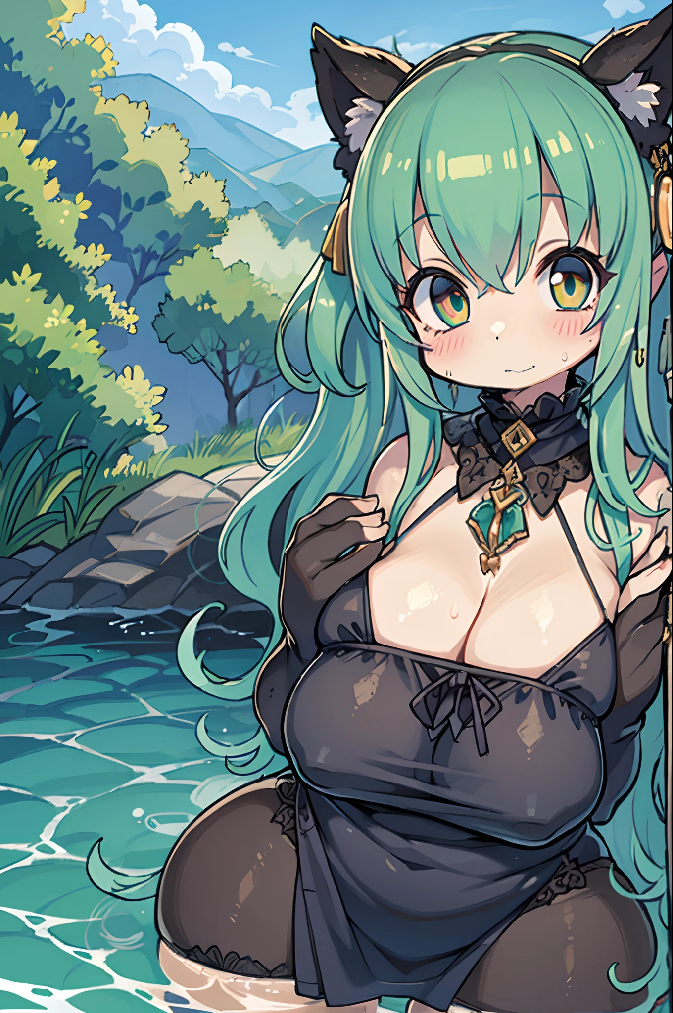 The costume, Long hair, girl, Big eyes, Green mountains and green water,