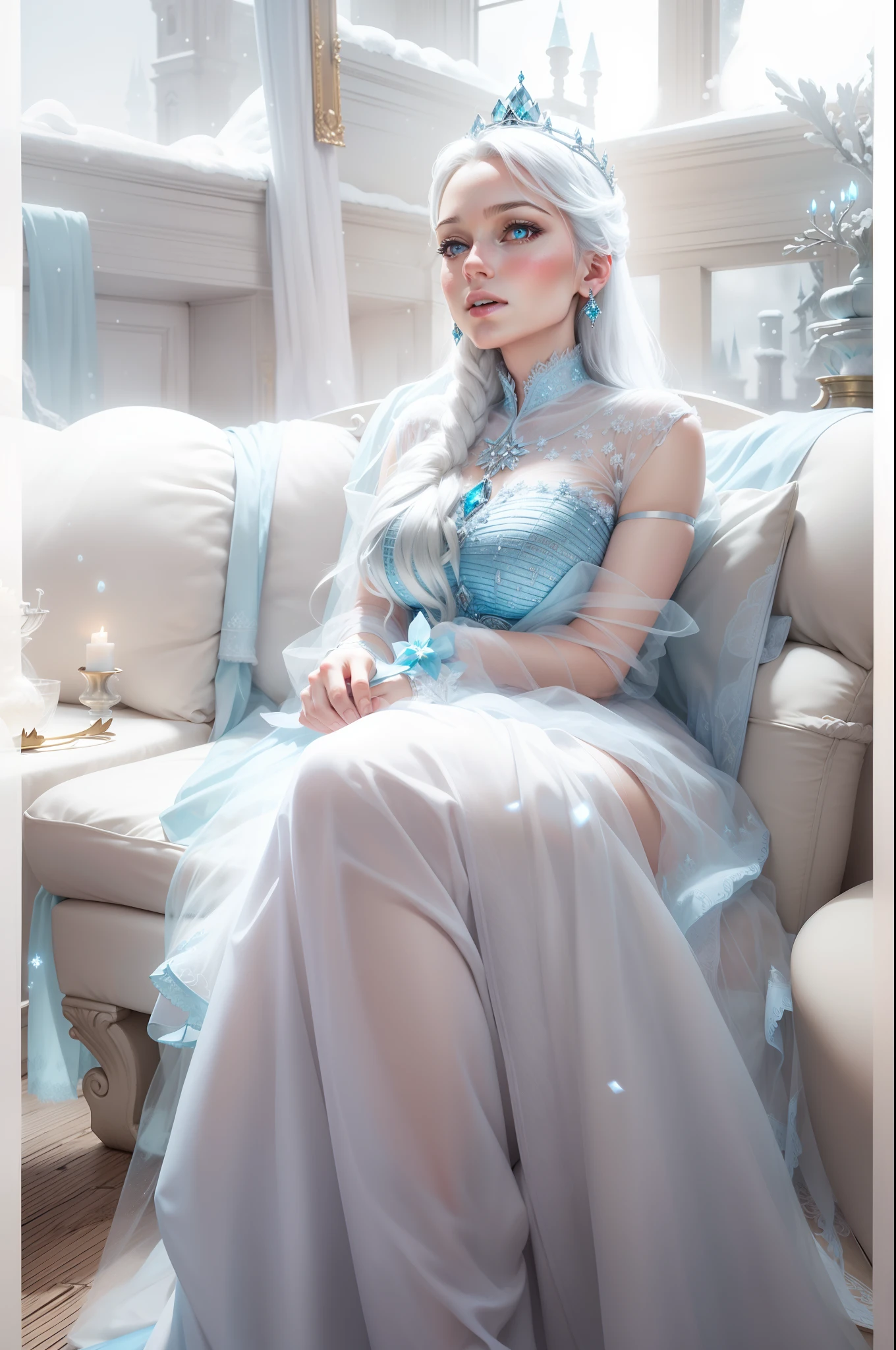 Transform the girl in the picture into a Snow Queen with an elegant, icy-blue gown that shimmers like freshly fallen snow. Enhance her regal appearance with a crown or tiara, and give her an air of mystique and allure. Replace the background with a grand, palace-like setting, complete with ornate chandeliers, opulent furnishings, and a hint of frosty magic in the air. Ensure the final image is high-resolution and has a cinematic quality that captures the enchantment and beauty of the Snow Queen
