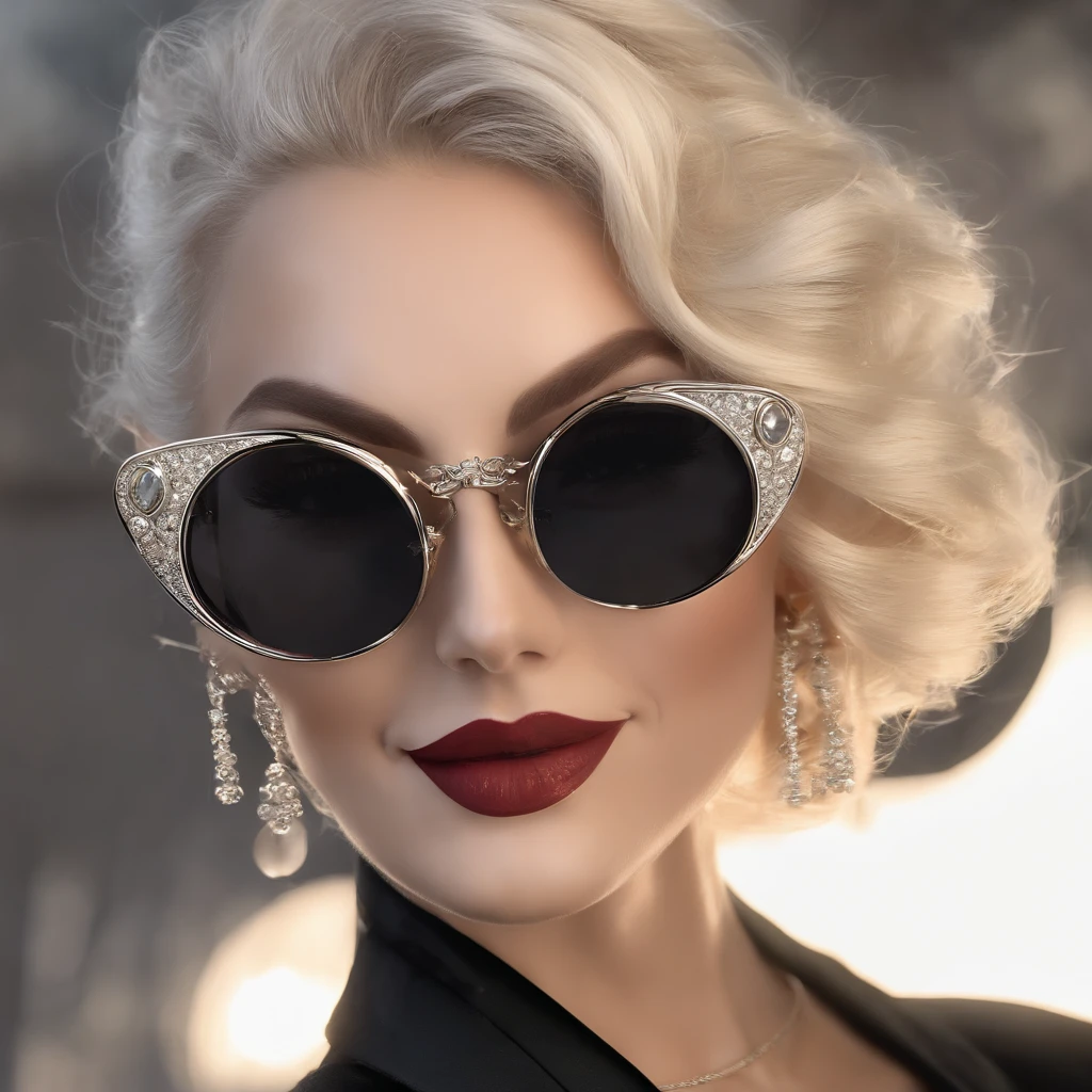 blonde hair, grey hair, weapons, jewelry, goggles, Eye Reflection, Colored Eyelashes, Diamond-Shaped Pupils, earrings, Crescent Earrings, Full blush, happy, Upper teeth, excited, A choked laugh, Art Deco, Neoclassical, Social Realism, Chiaroscuro, backlit, Light reflection, Silhouette, Framed, Rotate, Focus lines, foreshortening, f/4.0, Fujifilm, Canon, 巨作, retina, 16k, 8k, 4k