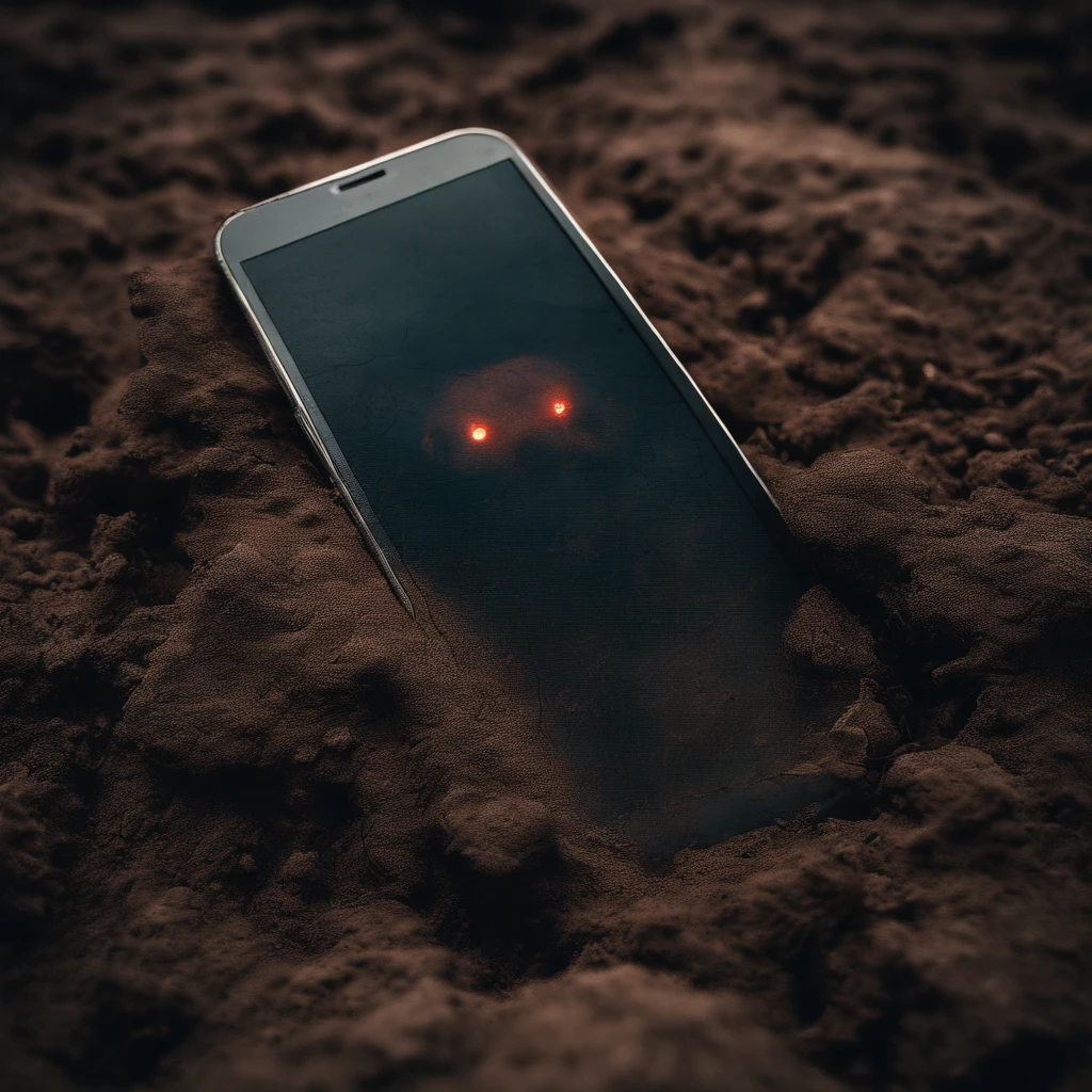rusty smartphone lying in dirt, vivid colors:1.7, best quality, aerial view