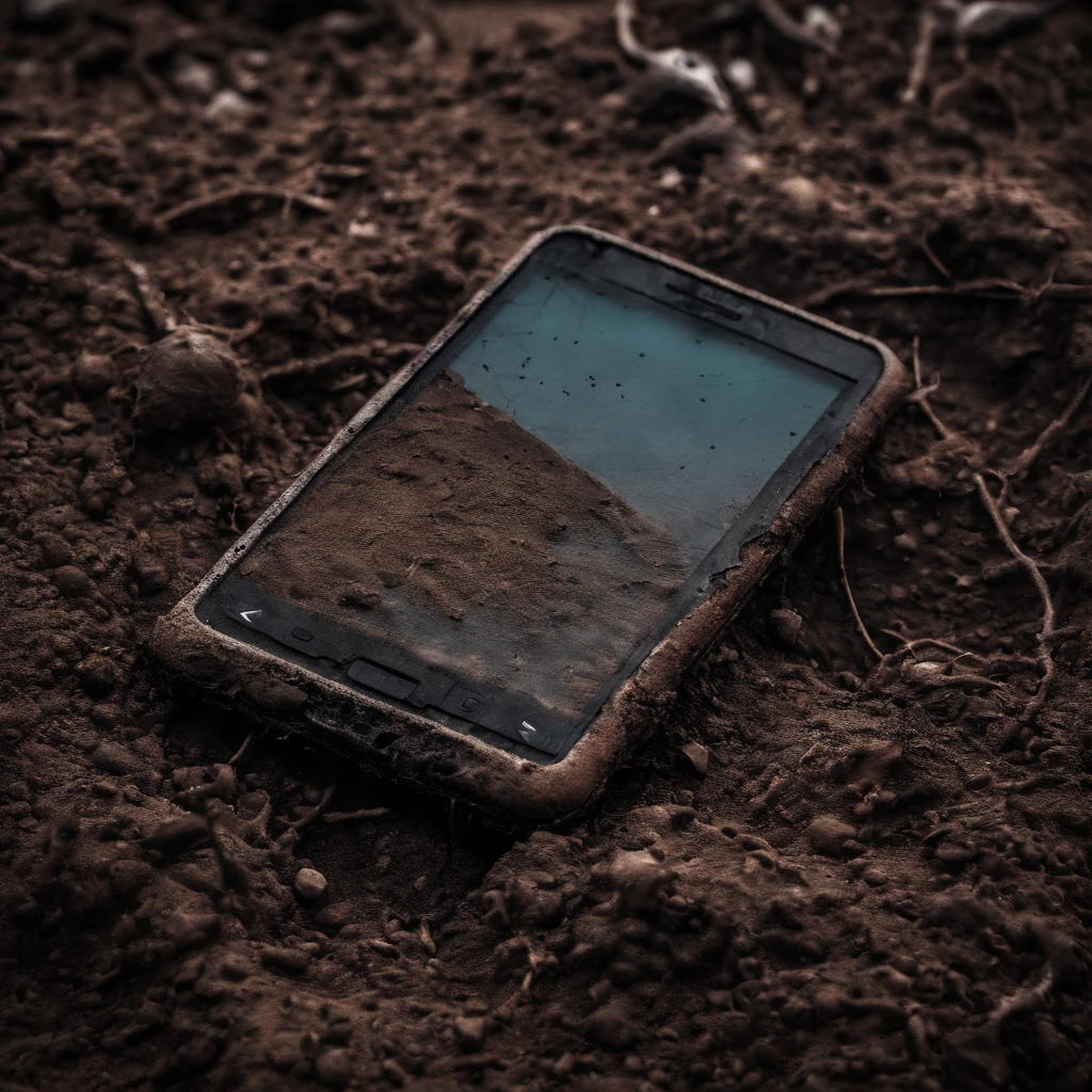 rusty smartphone lying in dirt, vivid colors:1.7, best quality, aerial view