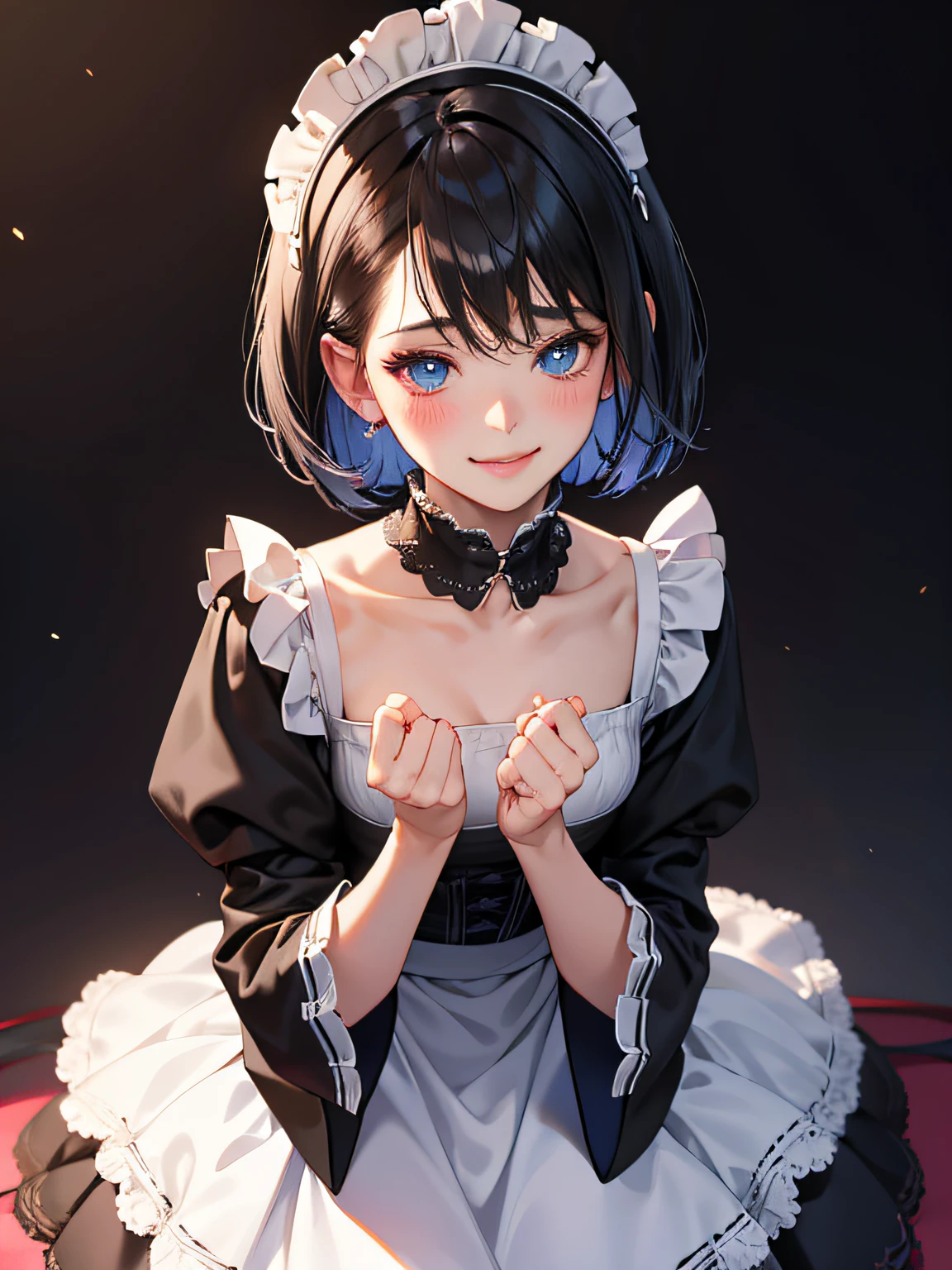 small breasts, black short hair with fringe, maid headdress, maid outfit, blue eyes, lcoral lips color, shy smile, shy, blush, naughty face, Surrealism, anime style, depth of field, 8k, super detail, high details, Cinematic lighting, Close-up, hyper HD, Masterpiece, High details，detailed light, detailed shadow, detailed background.