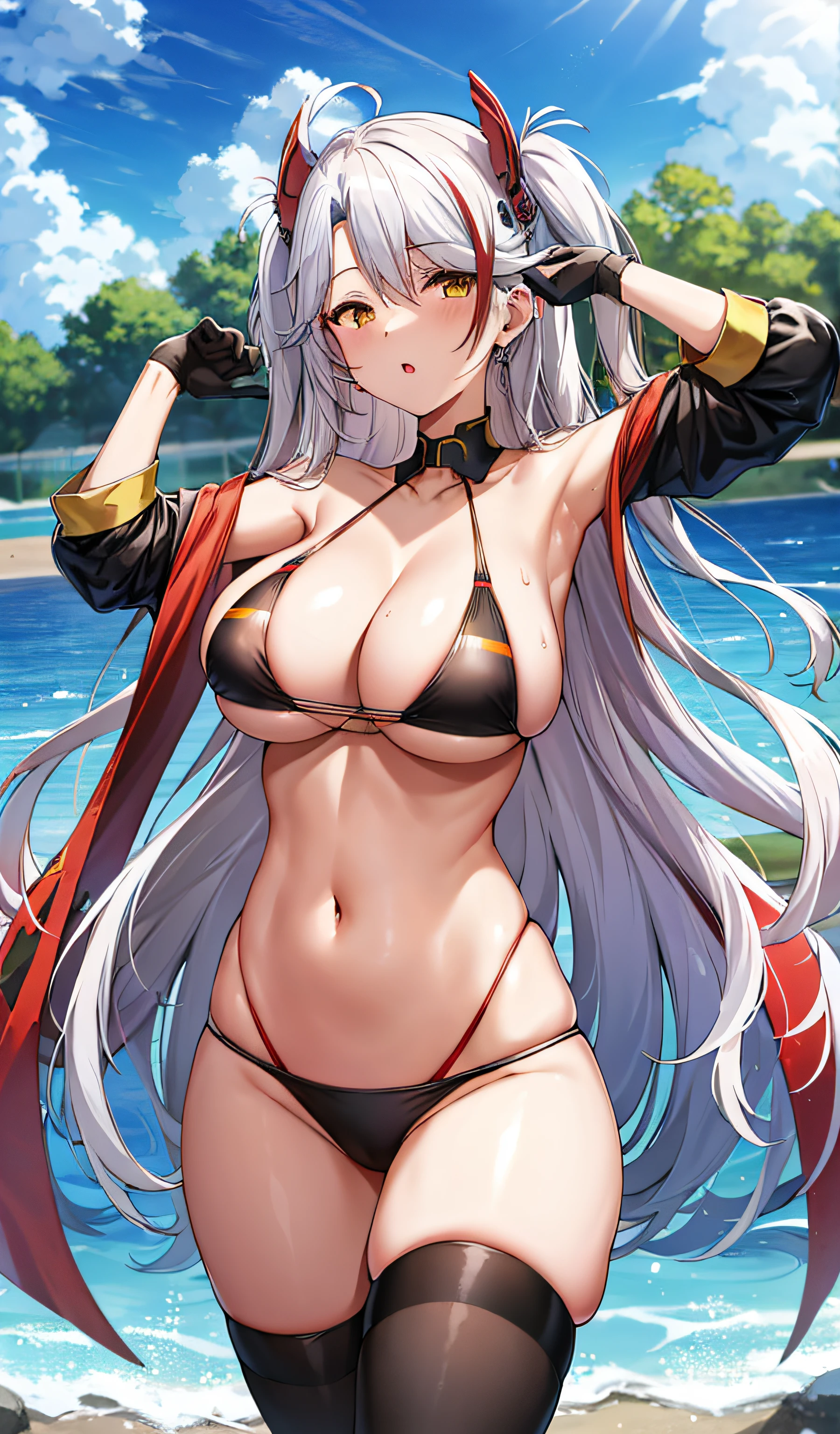 masutepiece, Best Quality, PrinzV4, 1girl in, Solo, Long hair, breasts, Looking at Viewer, Large breasts, gloves, Navel, Holding,  Yellow eyes, White hair, Red hair, multicolored hair, Open your clothes, official alternate costume, striated hair, Headgear, a flag, Red panties,  Pending Flag,Poses that emphasize breasts、top-quality,Black swimsuit、Black string swimsuit、lift the breast、Black Knee High Socks