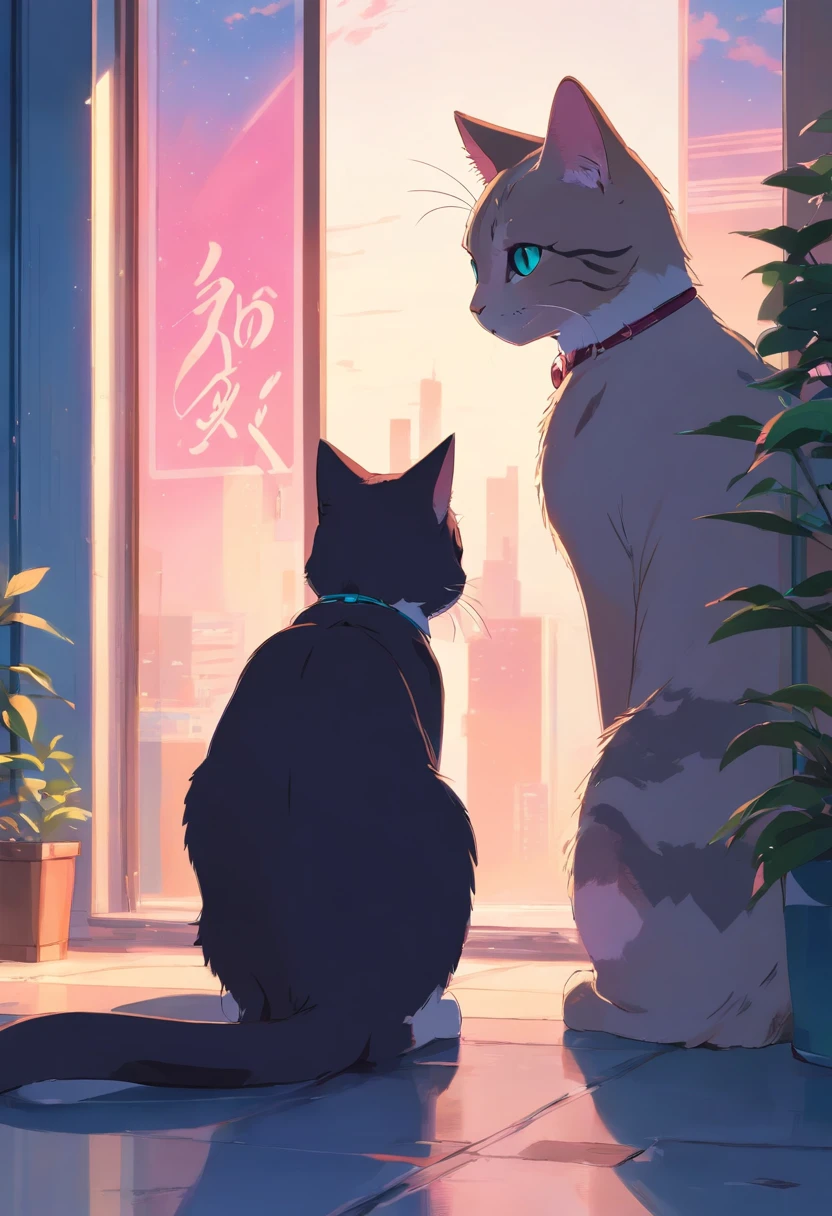 Cats in art, Narrow eye grooming、leisure、The main color is black, Cyan secondary color, soft pink background, Artistic, 复杂, Warm style, Shapes include abstract cats, Playful form, Elegant work, Textures include coated textures, Smooth paint, Fabric texture, Lines contain beautiful lines, Natural curves, Refined silhouette, Elegant shape, visit, Expressing the, Aesthetic.