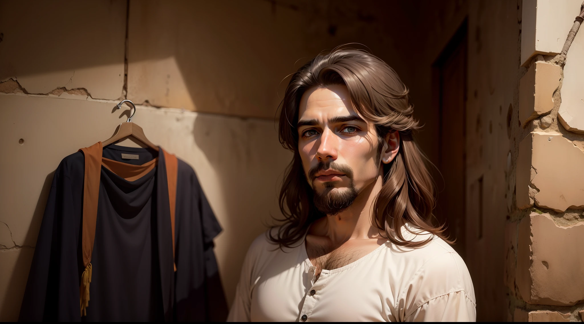 Um homem 30 anos (cabelo escuro) moreno, with clothes time of Jesus. Fundo de tempo antigo ismaelita