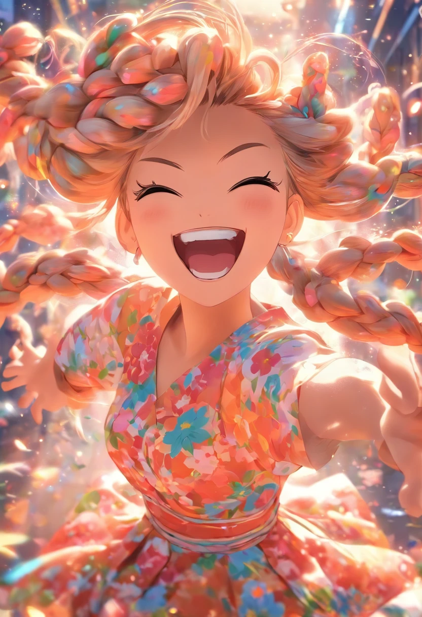 Genki girl，vivaciousness，adolable，Floral dress，Twist braids，big laughter，Full body like，dances，The face is meticulously depicted