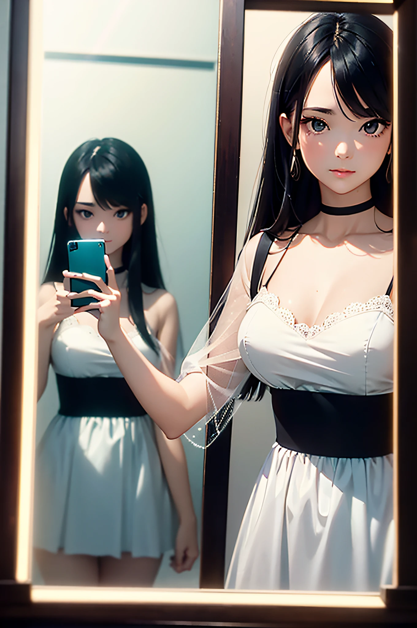 Masterpiece、top-quality、high-detail、8K、(Fascinating black hair semi-long beautiful girl taking selfie with smartphone in matching mirror、In the world of the mirror that fits forever1The reflection of the devil looking at us only in the photo):1.9、Highly detailed background,Realistic,ultra-detailliert,super detailed skin,light glow,Film grain,Expro II,Lens Flare,Sharpen,cinematic shadow