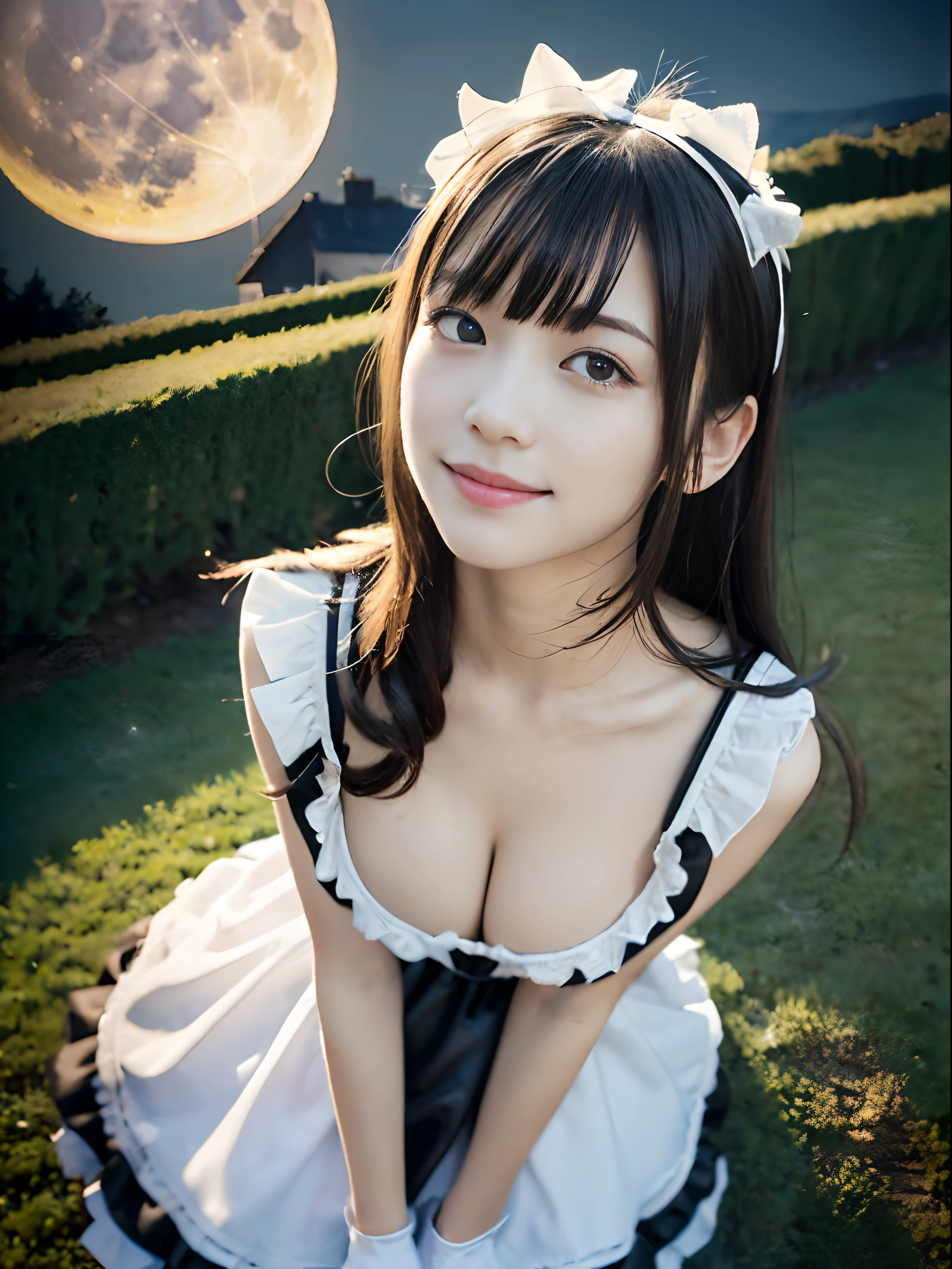 (One girl with slender small breasts and long hair with dull bangs in a French maid costume:1.5)、(One girl looking up the sky with small smile :1.3)、(Low angle shot :1.5)、(Beautiful full moon:1.5)、(Perfect Anatomy:1.3)、(No mask:1.3)、(complete fingers:1.3)、Photorealsitic、Raw photography、masutepiece、top-quality、hight resolution、delicate and pretty、face perfect、Beautiful detailed eyes、Fair skin、Real Human Skin、pores、((thin legs))、(Dark hair)