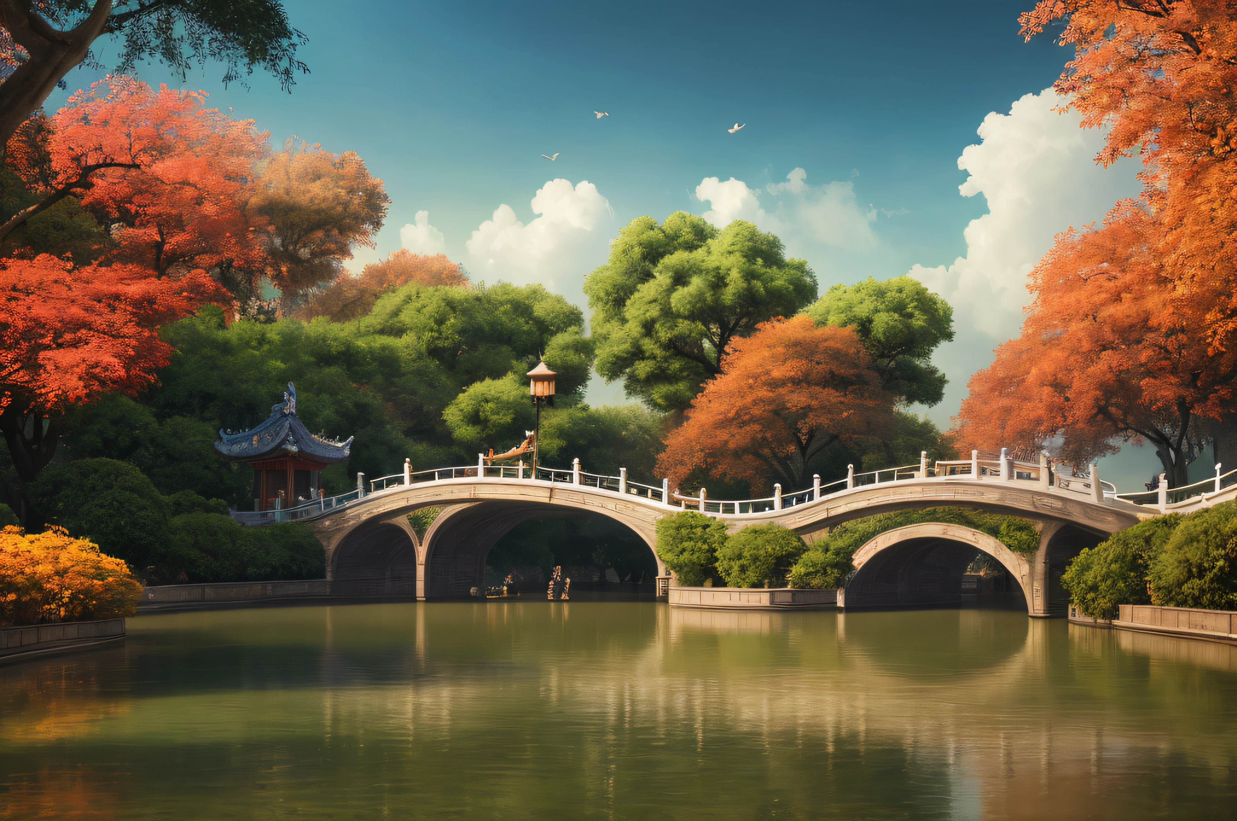 masterpiece, best quality, high quality, extremely detailed CG unity 8k wallpaper, chinese garden, scenery, amsterdam, autumn, outdoors, rainbow, sky, cloud, day, landscape, water, tree, blue sky, waterfall, nature, lake, river, cloudy sky,award winning photography, Bokeh, Depth of Field, HDR, bloom, Chromatic Aberration ,Photorealistic,extremely detailed, trending on artstation, trending on CGsociety, Intricate, High Detail, dramatic, art by midjourney