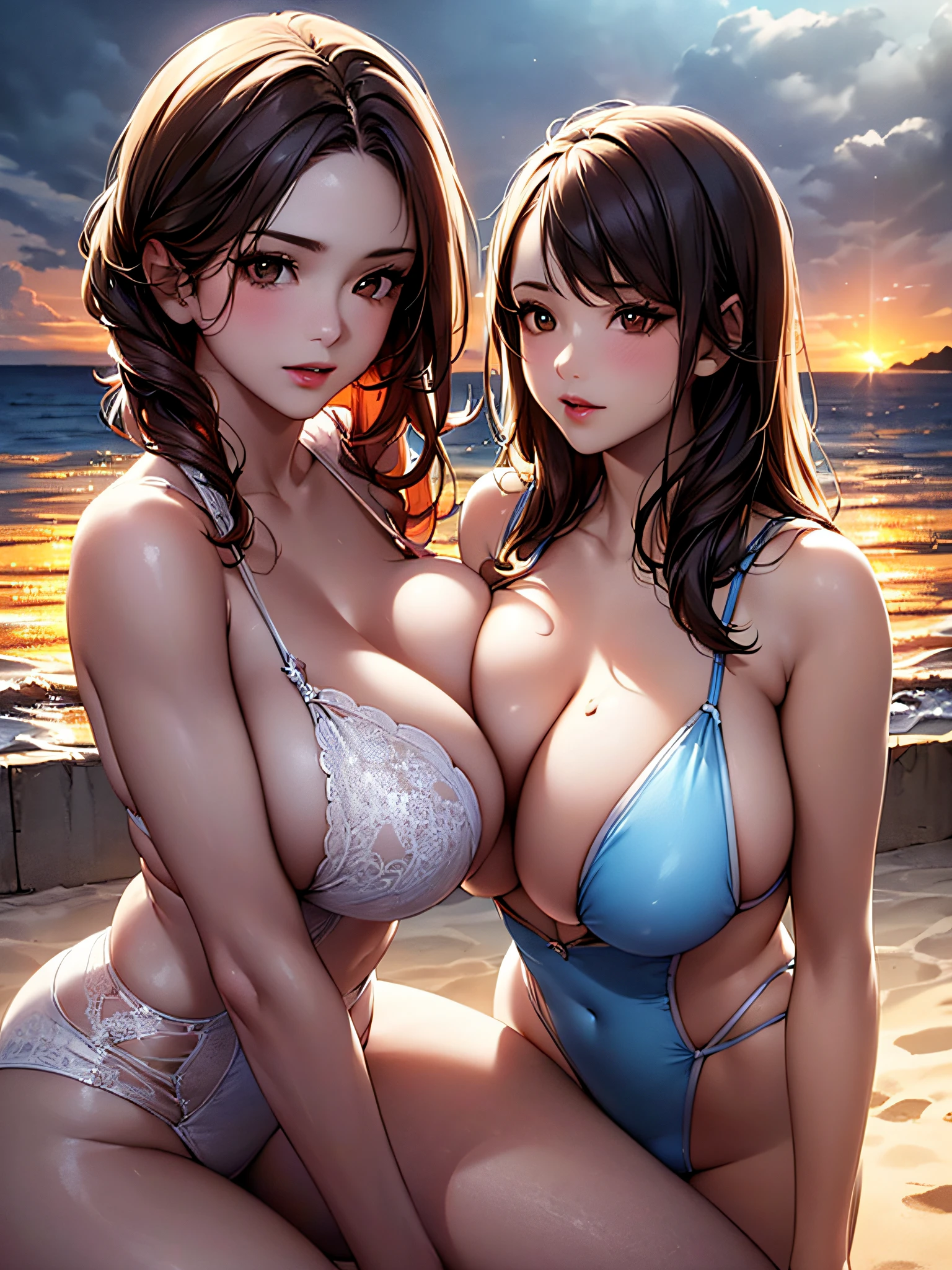 (2ung girls), (best quality), (ultra-detailed), illustration, (detailed light), (an extremely delicate and beautiful), brown hair, brown eyes, model, (Beautiful big breasts), bare shoulders, best quality, extremely detailed CG unified 8k wallpaper, High-definition raw color photos, professional photography, (((Bokeh))), depth of fields, beach, sea, twilight, sunset,