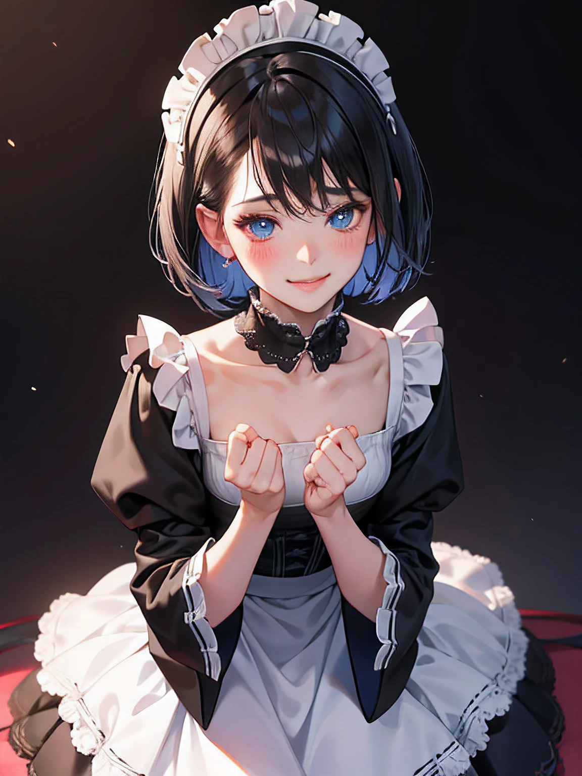 small breasts, black short hair with fringe, maid headdress, maid outfit, blue eyes, lcoral lips color, shy smile, shy, blush, naughty face, Surrealism, anime style, depth of field, 8k, super detail, high details, Cinematic lighting, Close-up, hyper HD, Masterpiece, High details,detailed light, detailed shadow, detailed background.