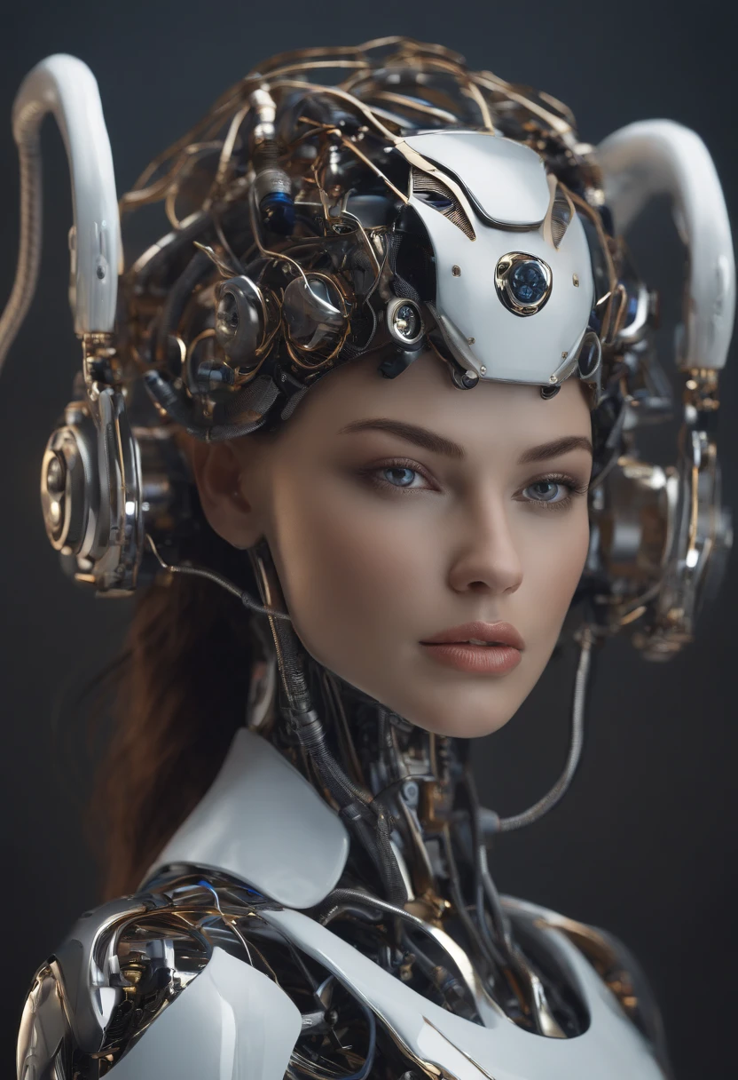 Nousr Robot, Complex 3D Rendering Beautiful Porcelain Profile Female Android Face, Cyborg, Robot Parts, 150mm, Beautiful Studio Soft Light, Lim Light, Lively Detail, Luxurious Cyberpunk, Surreal, Anatomical, Face Muscles, Cable Wire, Microchip, Elegant and Beautiful Background, Octane Render, 8k