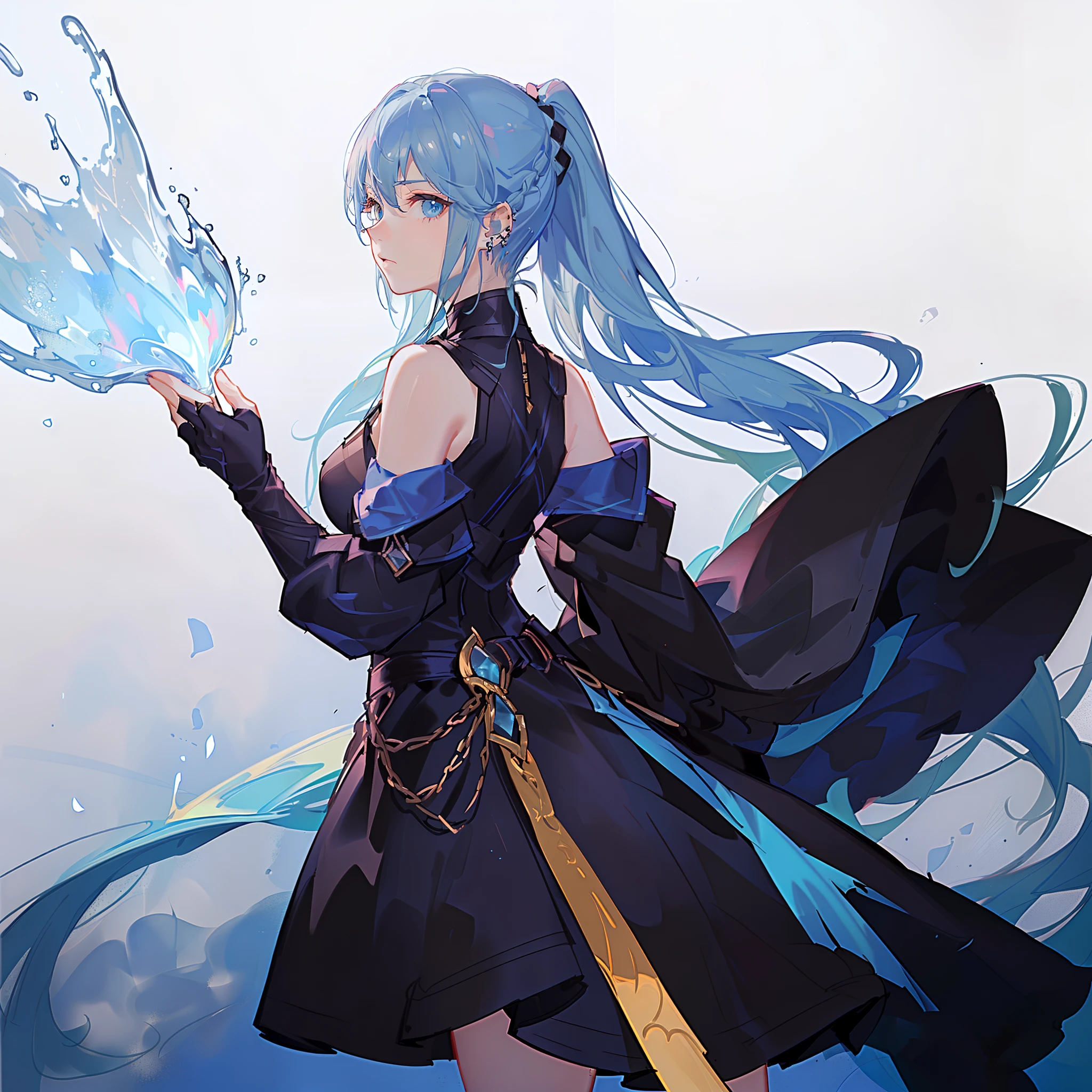1girll, aqua eyes, back, bangs, Bare shoulders, Black gloves, Blue eyes, Braid, choker necklace, Earrings, Fingerless gloves, From behind, mitts, whaite hair, Holding, Jacket, jewelry, Long hair, view the viewer, Looking back, nail polish, cropped shoulders, parted lip, Piercing, pony tails, Red jacket, Solo, Upper body,Bai Yi,[[Realistic]],(Shiny skin),(Masterpiece:1.4),(Best quality:1.4)