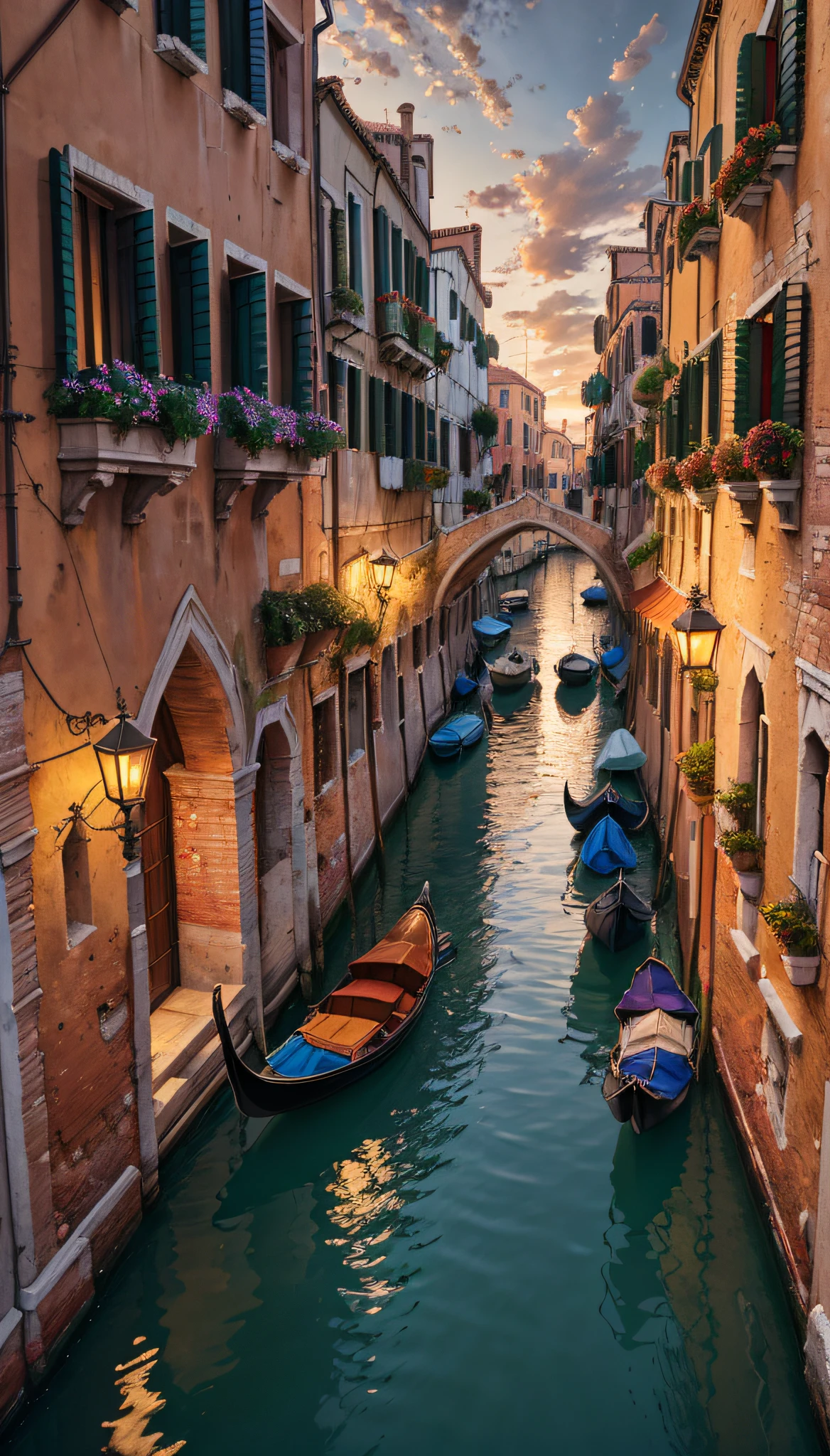 highres, imagination, (realistic), clear skies, composition, (hdr:1.5), ,A romantic Venetian canal at sunset, with gondolas, old-fashioned street lamps, and a backdrop of historic architecture.