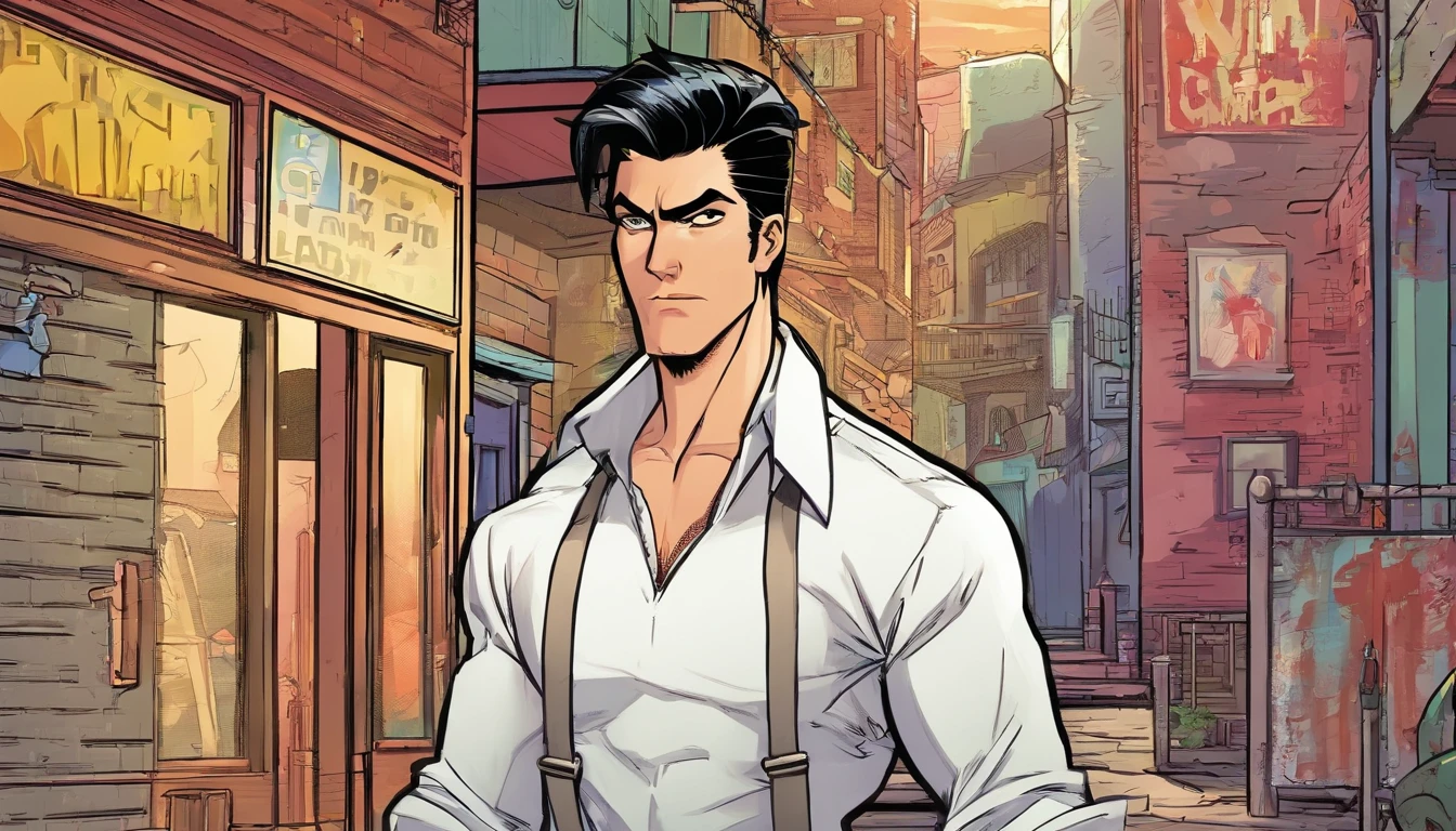 A man, black hair and black eyes, wearing a white shirt, Alley, badass