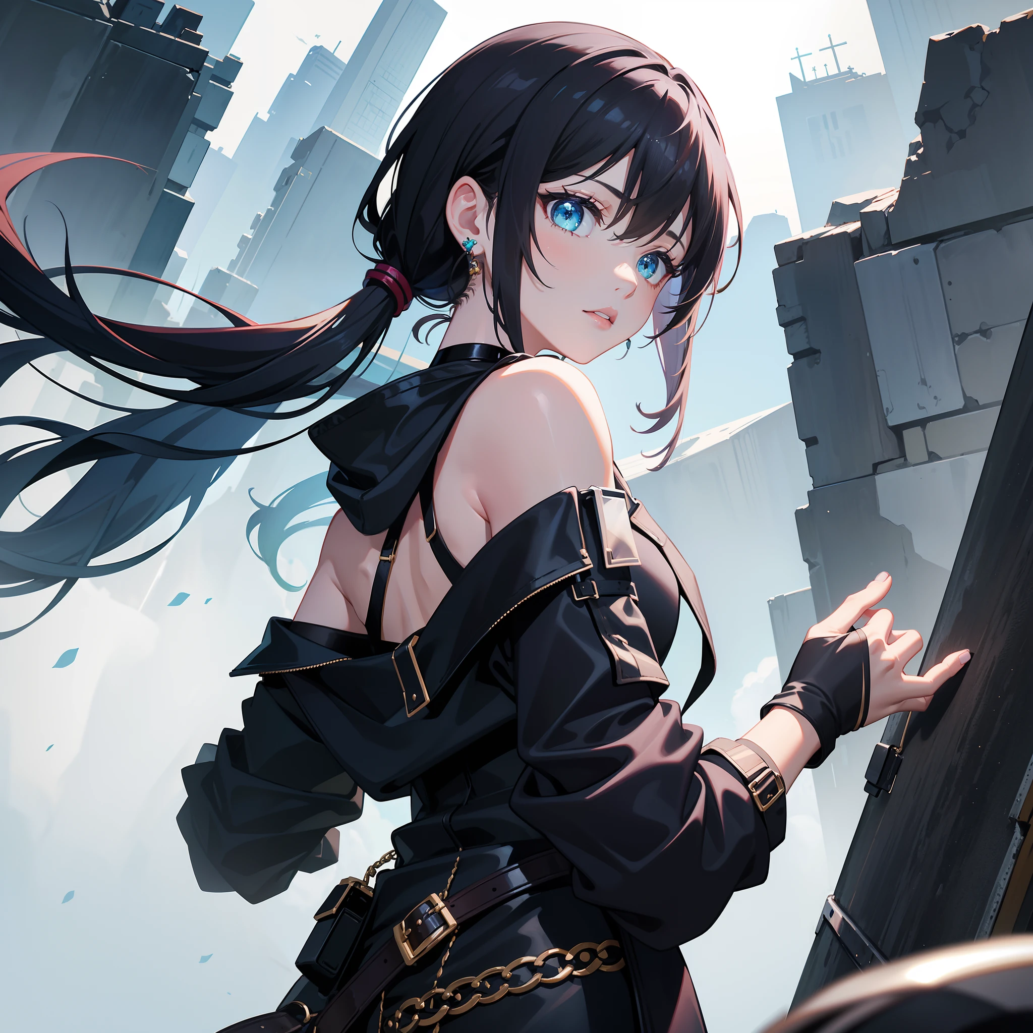 1girll, aqua eyes, back, bangs, Bare shoulders, Black gloves, Blue eyes, Braid, choker necklace, Earrings, Fingerless gloves, From behind, mitts, whaite hair, Holding, Jacket, jewelry, Long hair, view the viewer, Looking back, nail polish, cropped shoulders, parted lip, Piercing, pony tails, Red jacket, Solo, Upper body,Bai Yi,[[Realistic]],(Shiny skin),(Masterpiece:1.4),(Best quality:1.4)