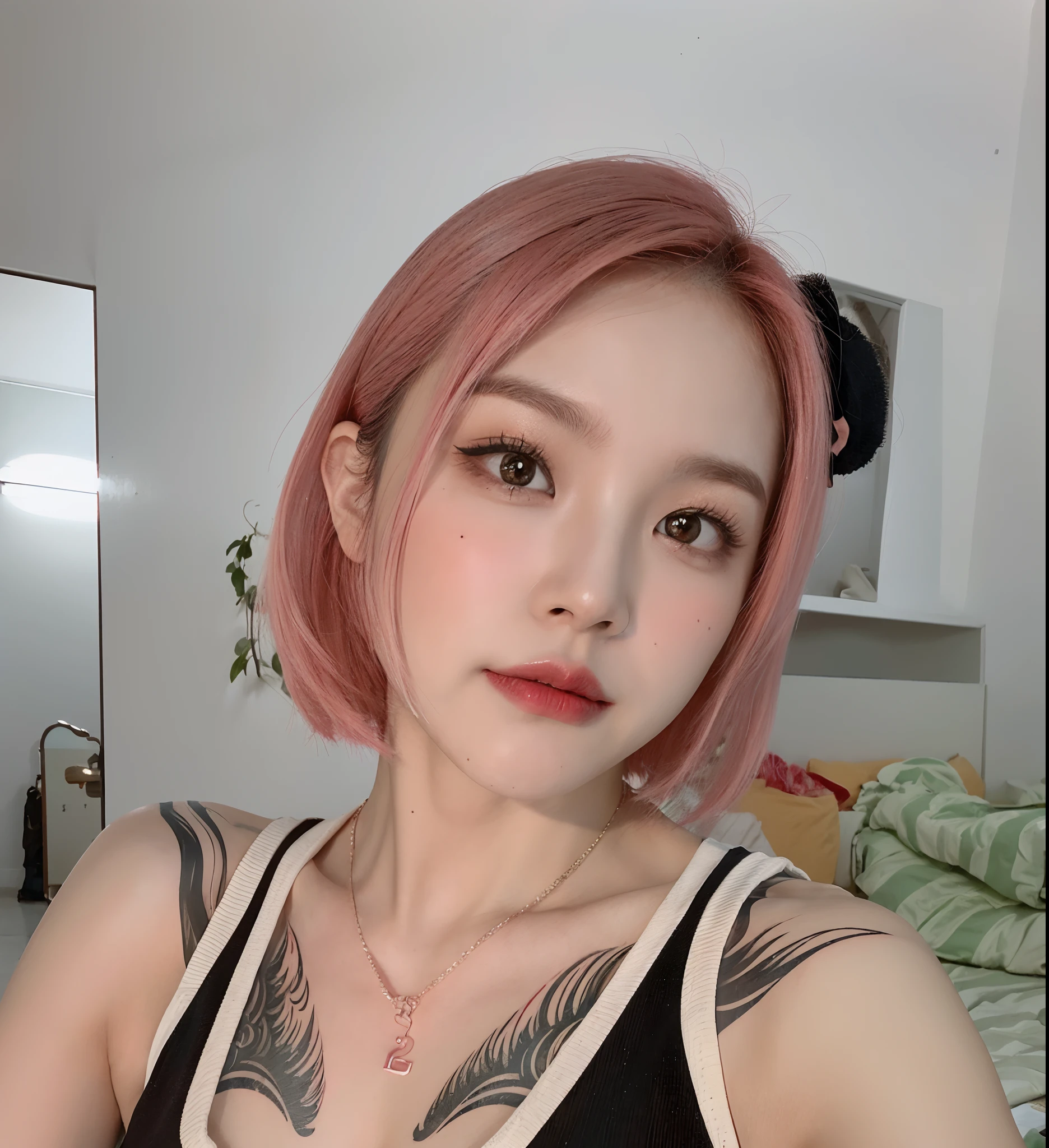 A woman with a tattoo,Wearing a black vest on the chest, with short hair, Korean girl, with pink hair, xintong chen, sensual face,Full of makeup, Korean woman, Popular Korean makeup, beautiful Korean women, 8k selfie photograph, yanjun cheng, cute girl with short pink hair, pale red, very low quality