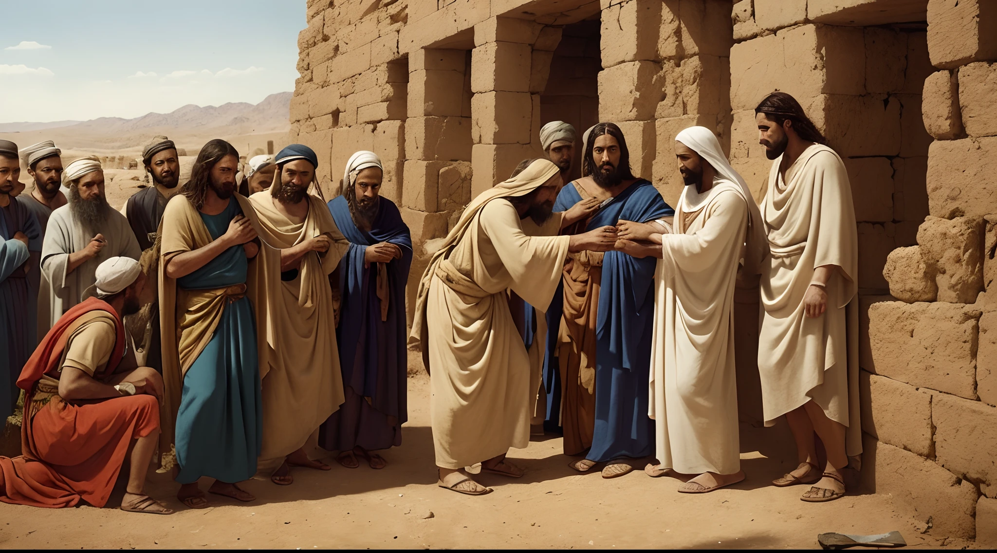 crie uma imagem perfeita, an epic, realistic, and well-drawn image of Jesus Christ, the perfect face healing a blind man in the city of Jericho;, as it is written in the Bible; With a crowd at the entrance to the city of Jericho. perfect and well-detailed biblical image, Epic image without deformations, Biblical image from the film.