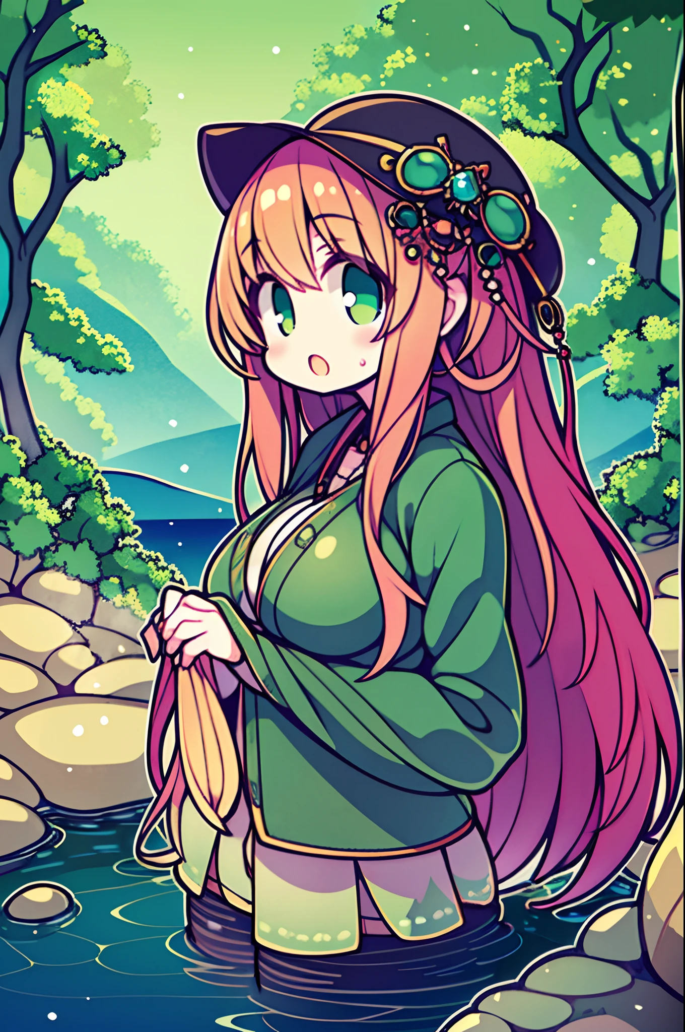 The costume, Long hair, girl, Big eyes, Green mountains and green water,