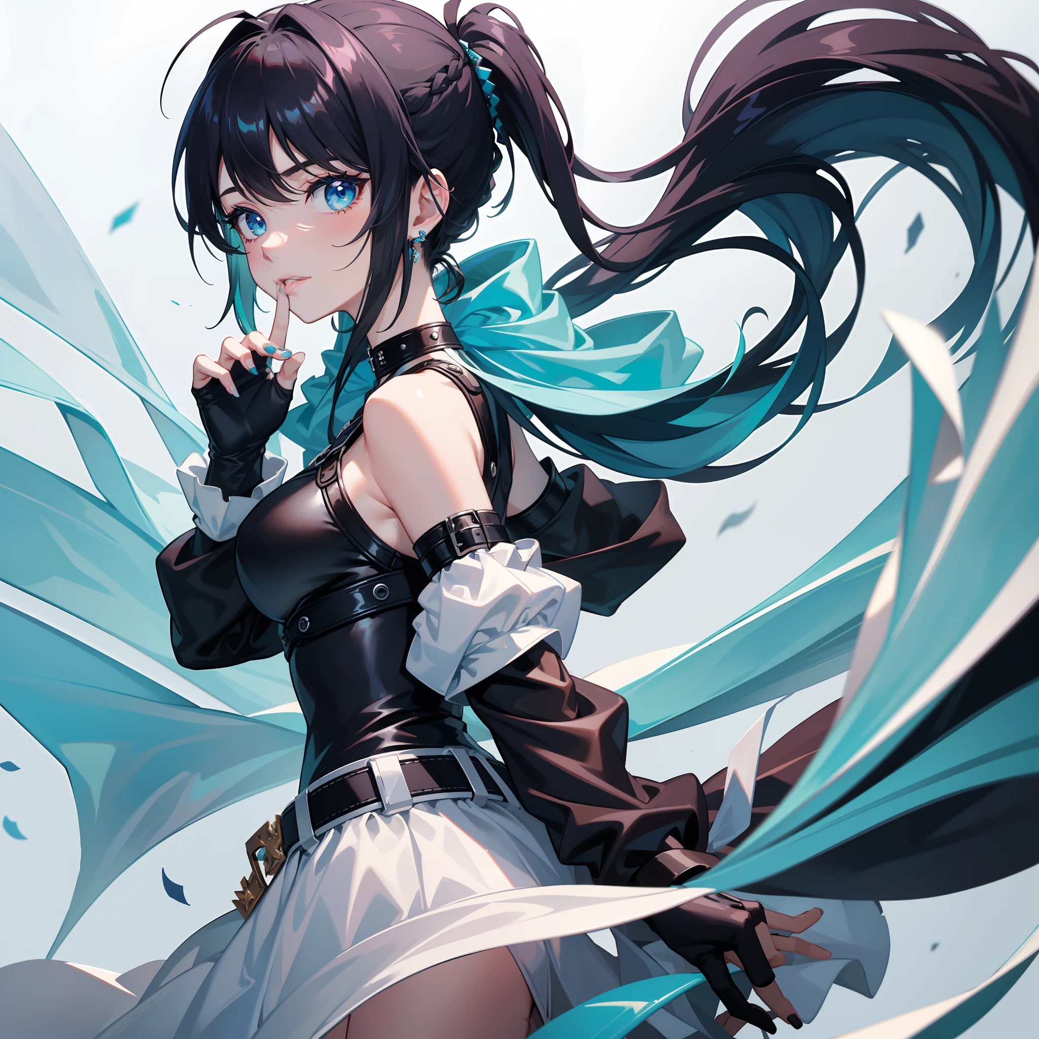 1girll, aqua eyes, back, bangs, Bare shoulders, Black gloves, Blue eyes, Braid, choker necklace, Earrings, Fingerless gloves, From behind, mitts, whaite hair, Holding, Jacket, jewelry, Long hair, view the viewer, Looking back, nail polish, cropped shoulders, parted lip, Piercing, pony tails, Red jacket, Solo, Upper body,Bai Yi,[[Realistic]],(Shiny skin),(Masterpiece:1.4),(Best quality:1.4)