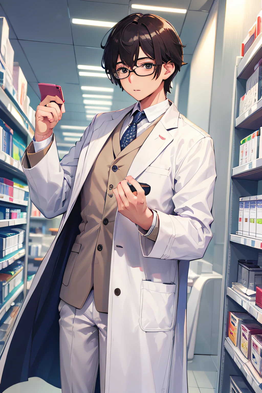 Male pharmacist in white coat、Middle age、eye glasses