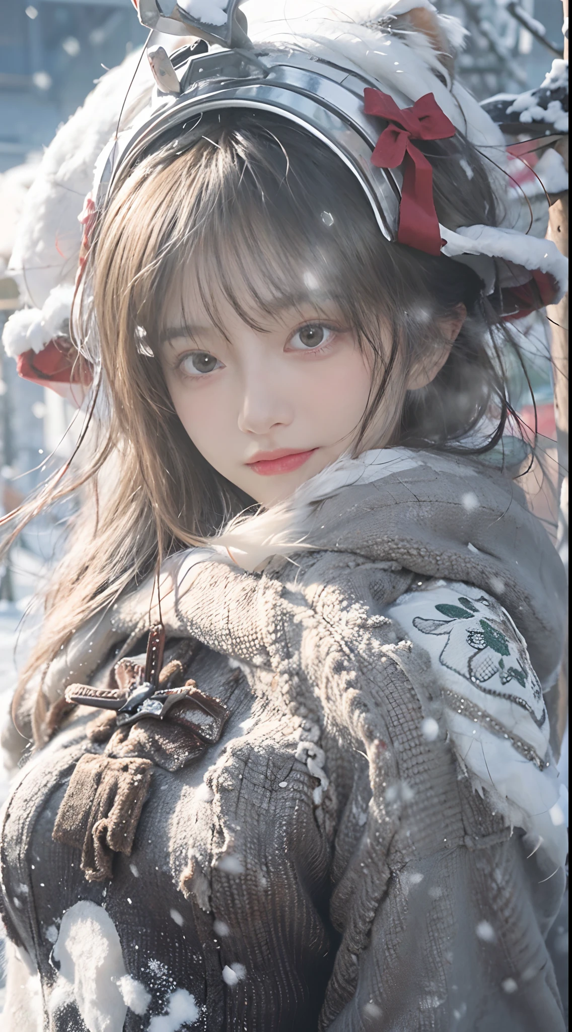 HDR,Best Quality, masutepiece, 超A high resolution, (Realism: 1.4), Original photo, (True skin texture: 1.3), (filmg: 1.3), (Other angles), wide-angle lens, 19 year old woman, Bow sleigh、Beautiful eyes and face details, masutepiece, Best Quality, close up, Full body, Look at the viewer、Siberia、snow mountains、bionde、de pele branca