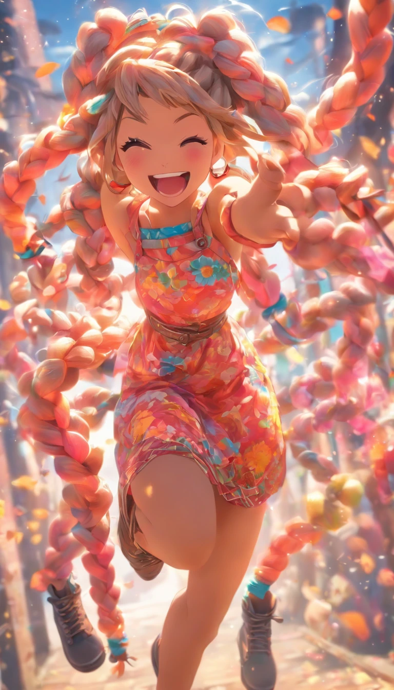 Genki girl，Twist braids，vivaciousness，adolable，Floral dress，Small leather boots，big laughter，Full body like，dances，The face is meticulously depicted，