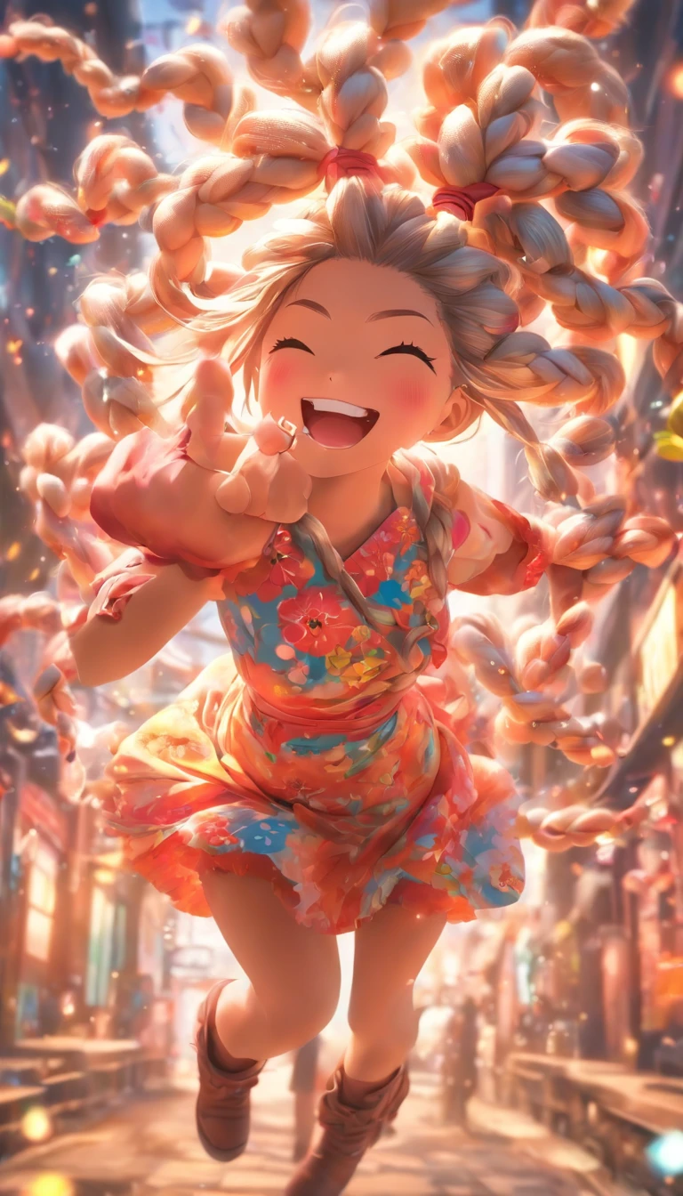 Genki girl，Twist braids，vivaciousness，adolable，Floral dress，Small leather boots，big laughter，Full body like，dances，The face is meticulously depicted，