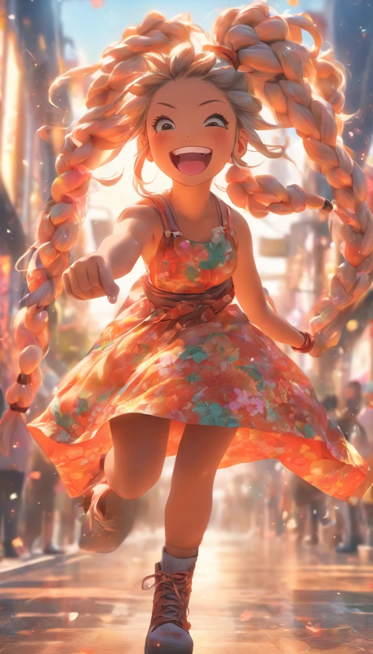 Genki girl,Twist braids,vivaciousness,adolable,Floral dress,Small leather boots,big laughter,Full body like,dances,The face is meticulously depicted,street corner
