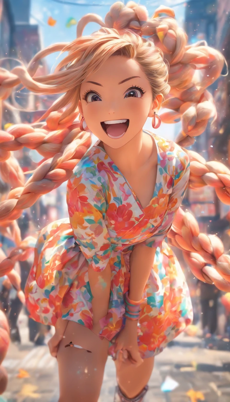 Genki girl,Twist braids,vivaciousness,adolable,Floral dress,Small leather boots,big laughter,Full body like,dances,The face is meticulously depicted,street corner